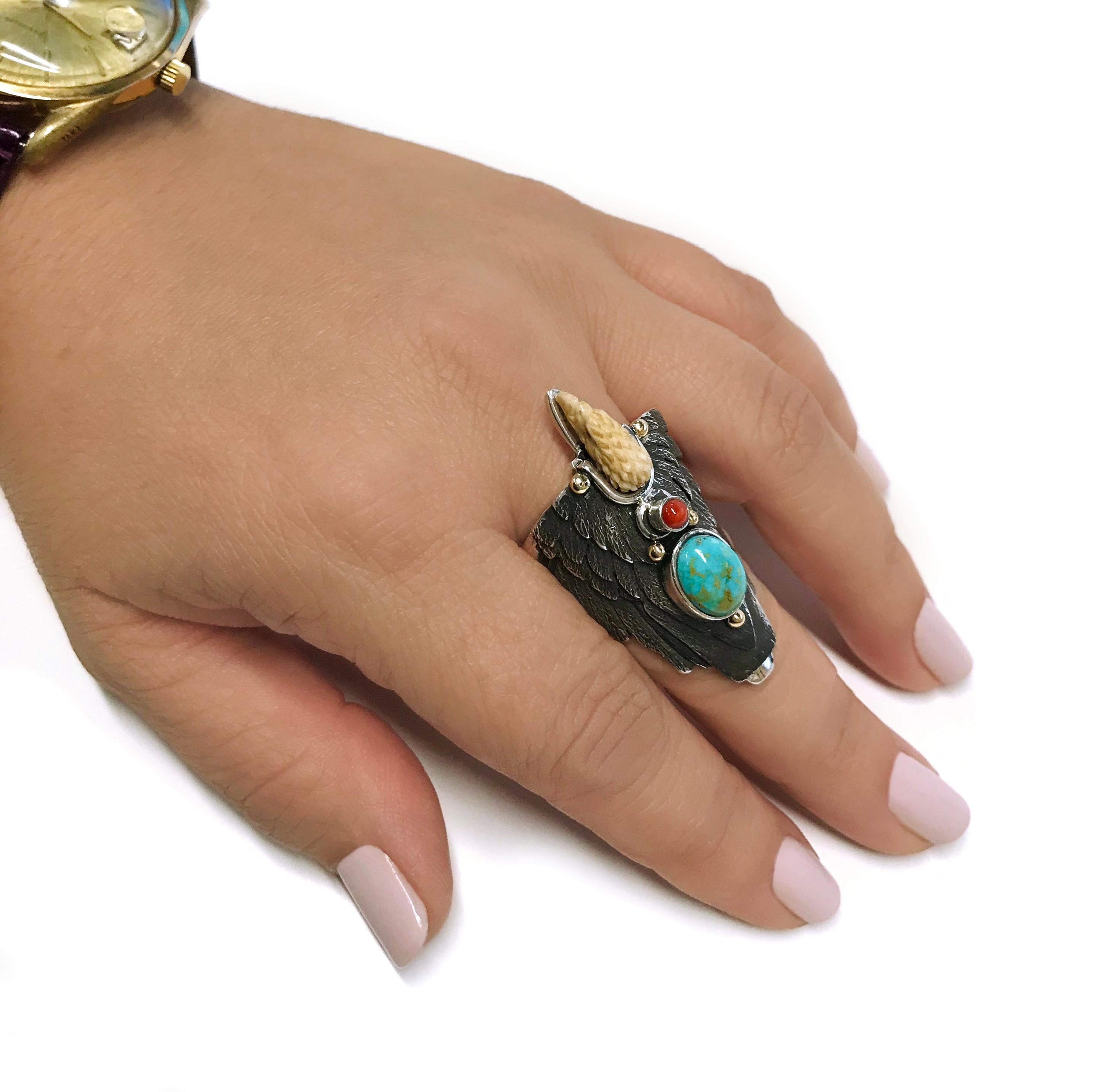 Native American Sterling Silver 14 Karat Blue Royston Turquoise Coral Eagle Ring