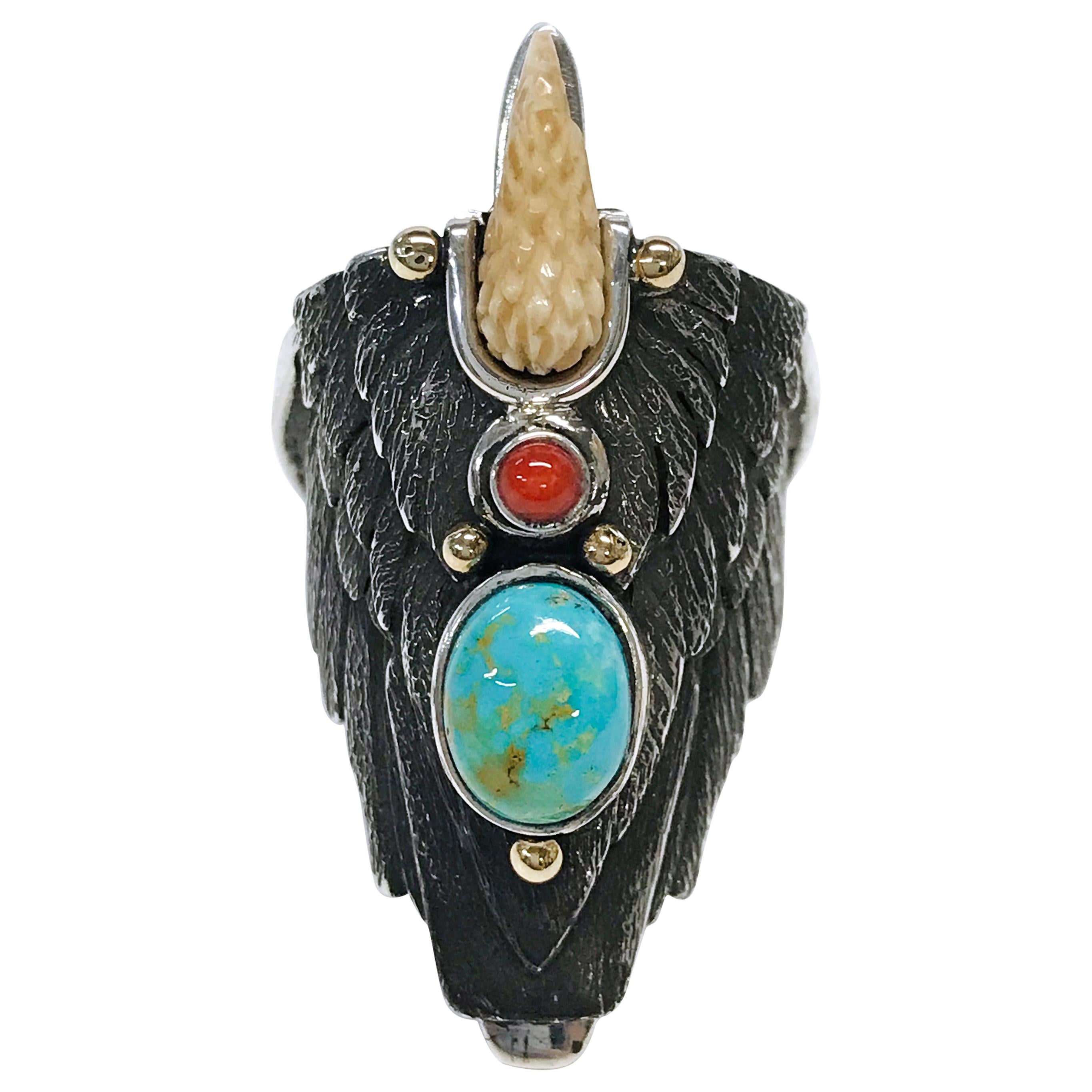 Sterling Silver 14 Karat Blue Royston Turquoise Coral Eagle Ring