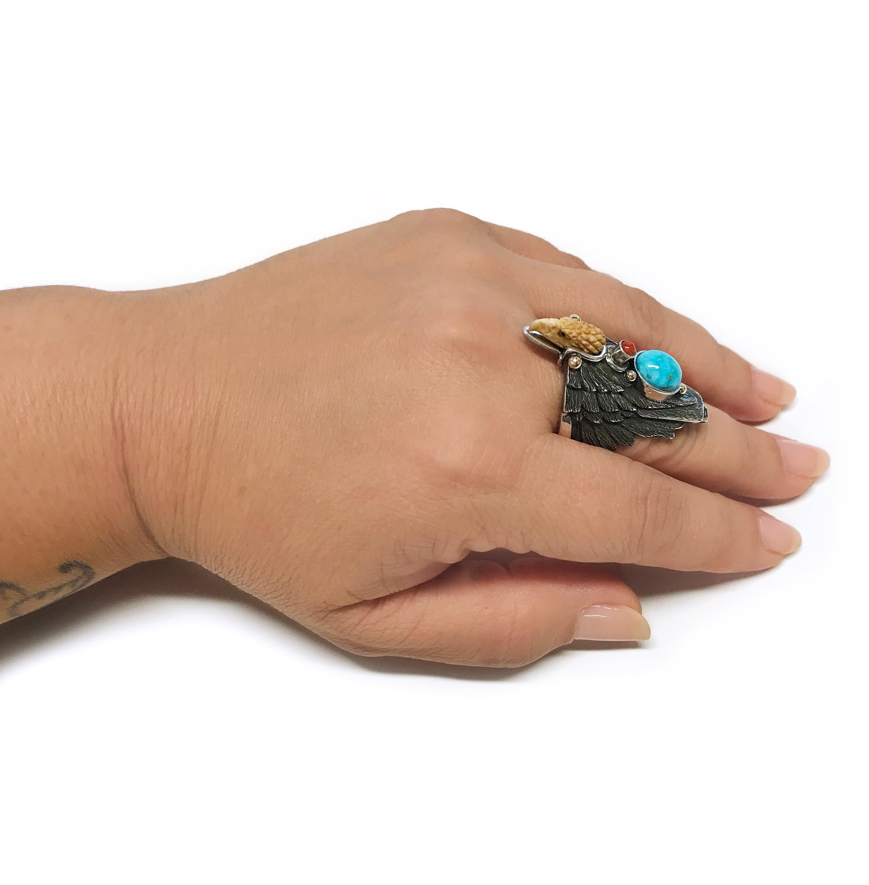 Women's or Men's Sterling Silver 14 Karat Carico Lake Turquoise Coral Eagle Ring