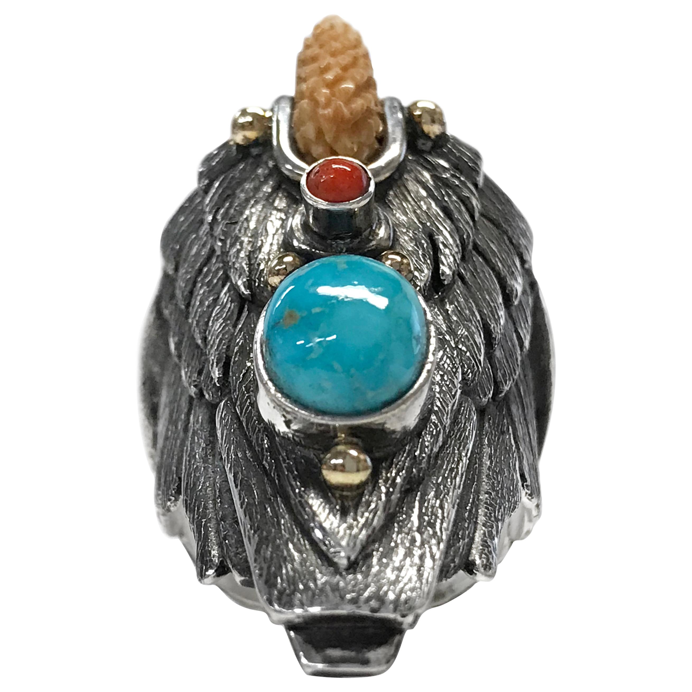 Sterling Silver 14 Karat Carico Lake Turquoise Coral Eagle Ring