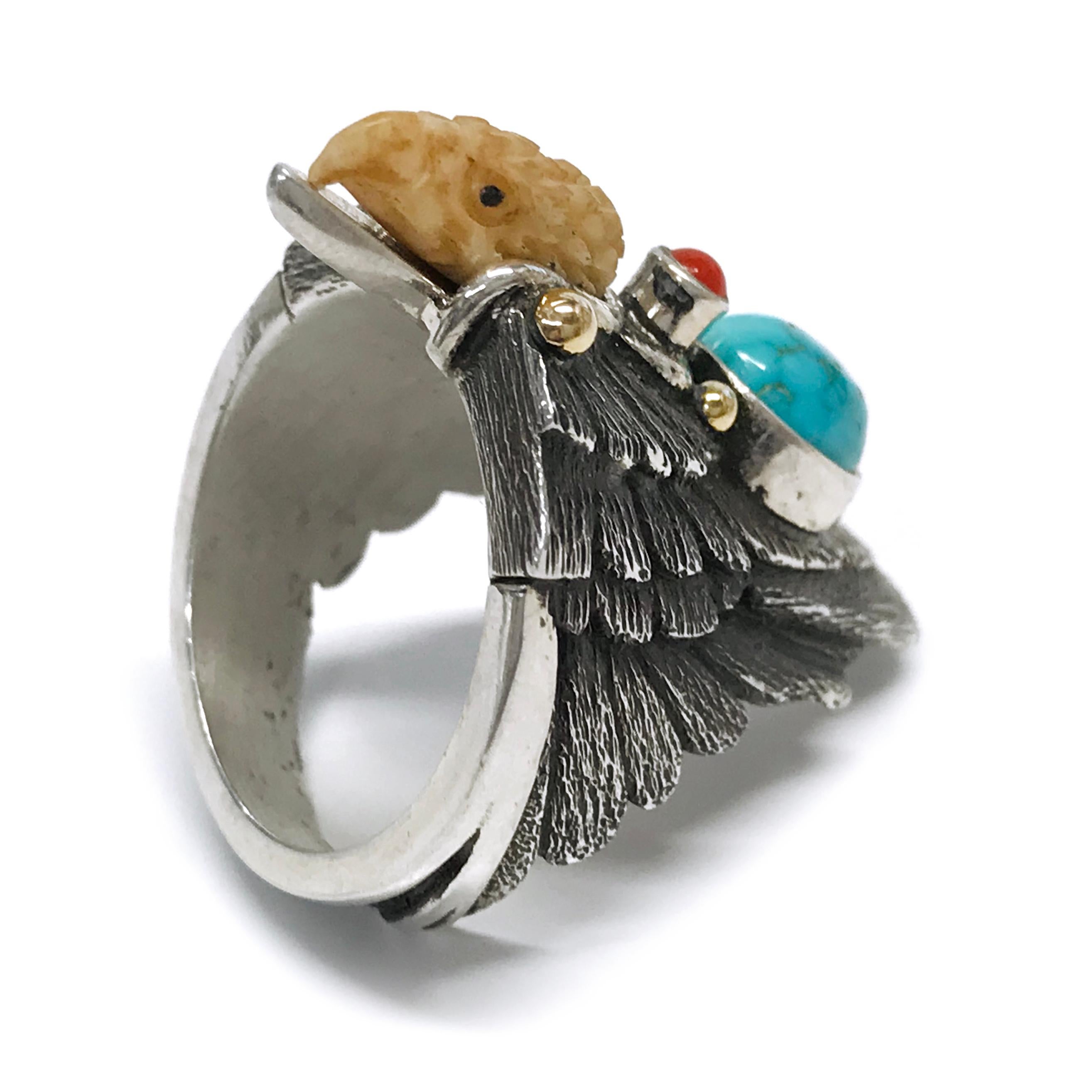 Native American Sterling Silver 14 Karat Carico Lake Turquoise Coral Eagle Ring II