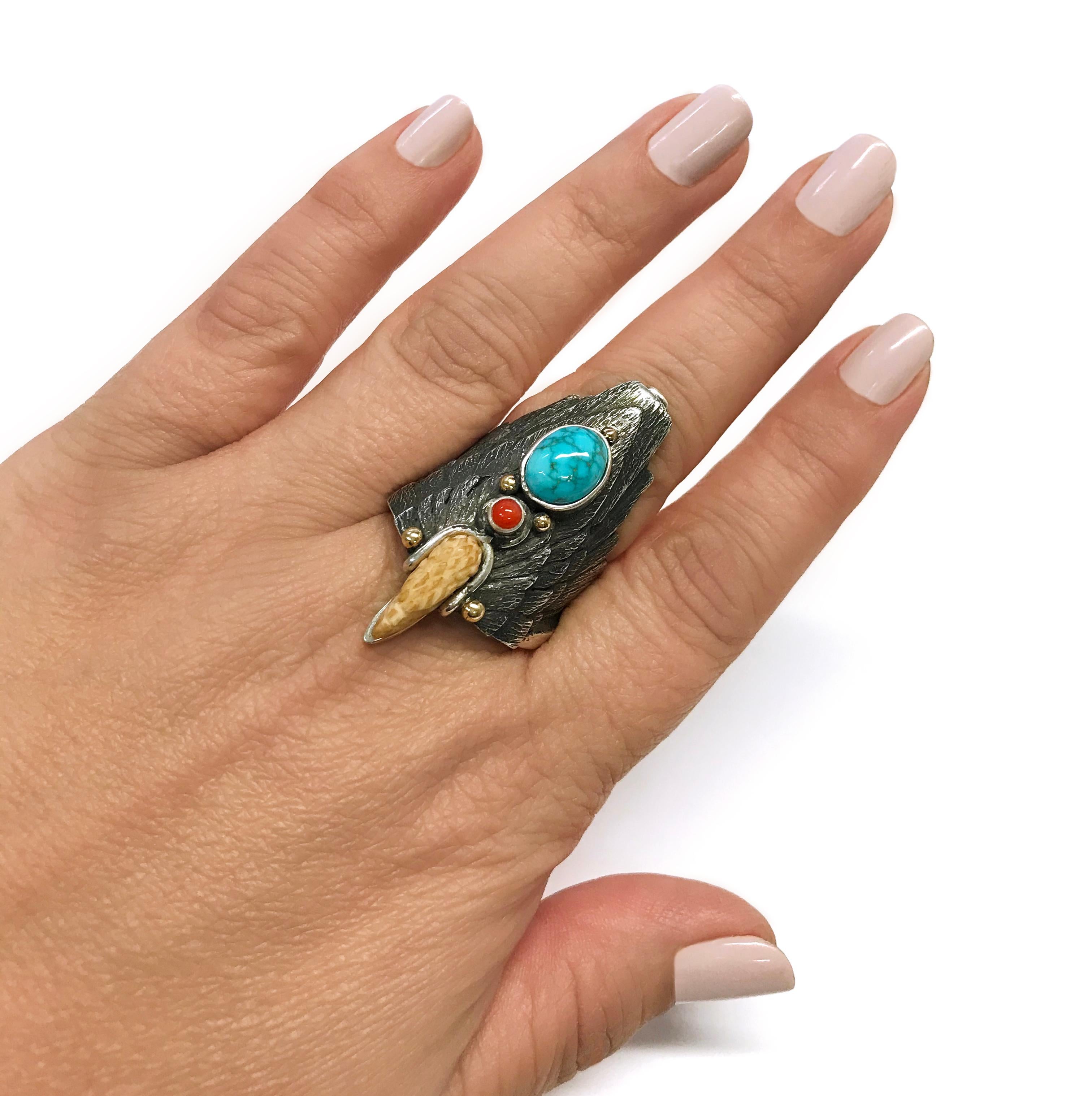 Cabochon Sterling Silver 14 Karat Carico Lake Turquoise Coral Eagle Ring II