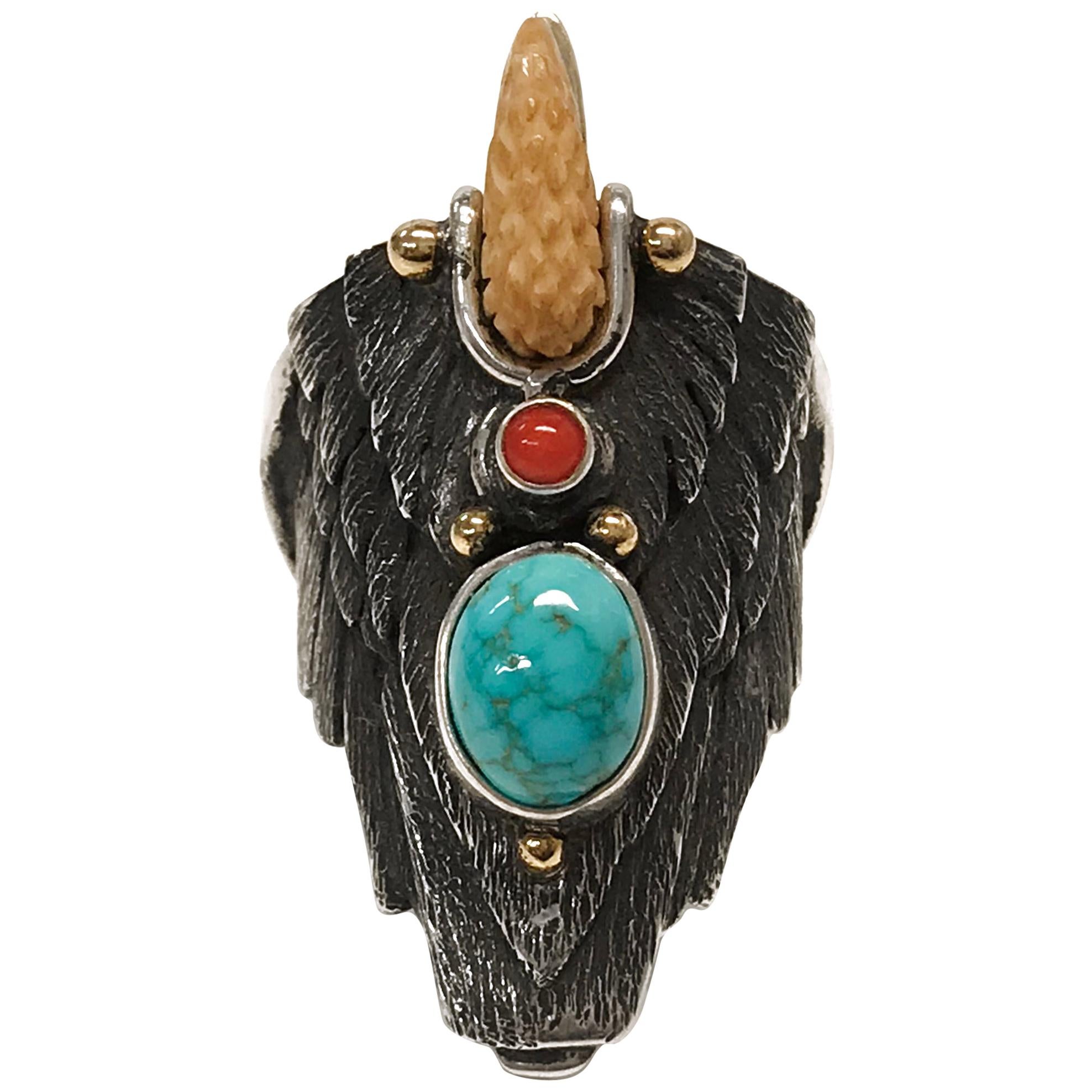 Sterling Silver 14 Karat Carico Lake Turquoise Coral Eagle Ring II