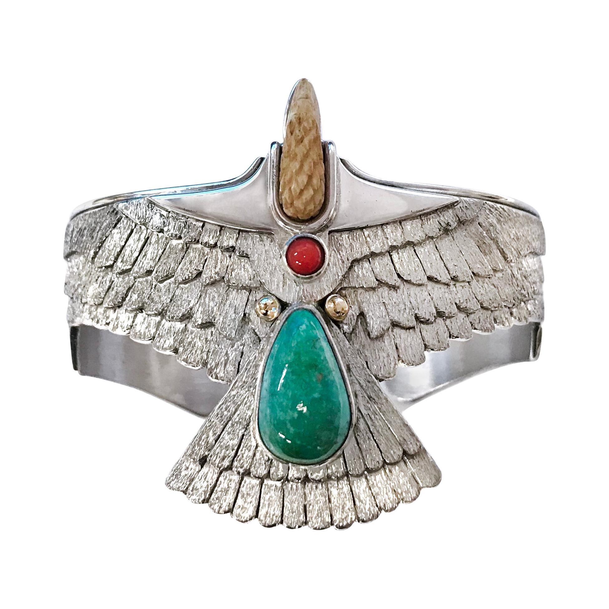Sterling Silver 14 Karat Carico Lake Turquoise Coral Eagle Cuff Bracelet