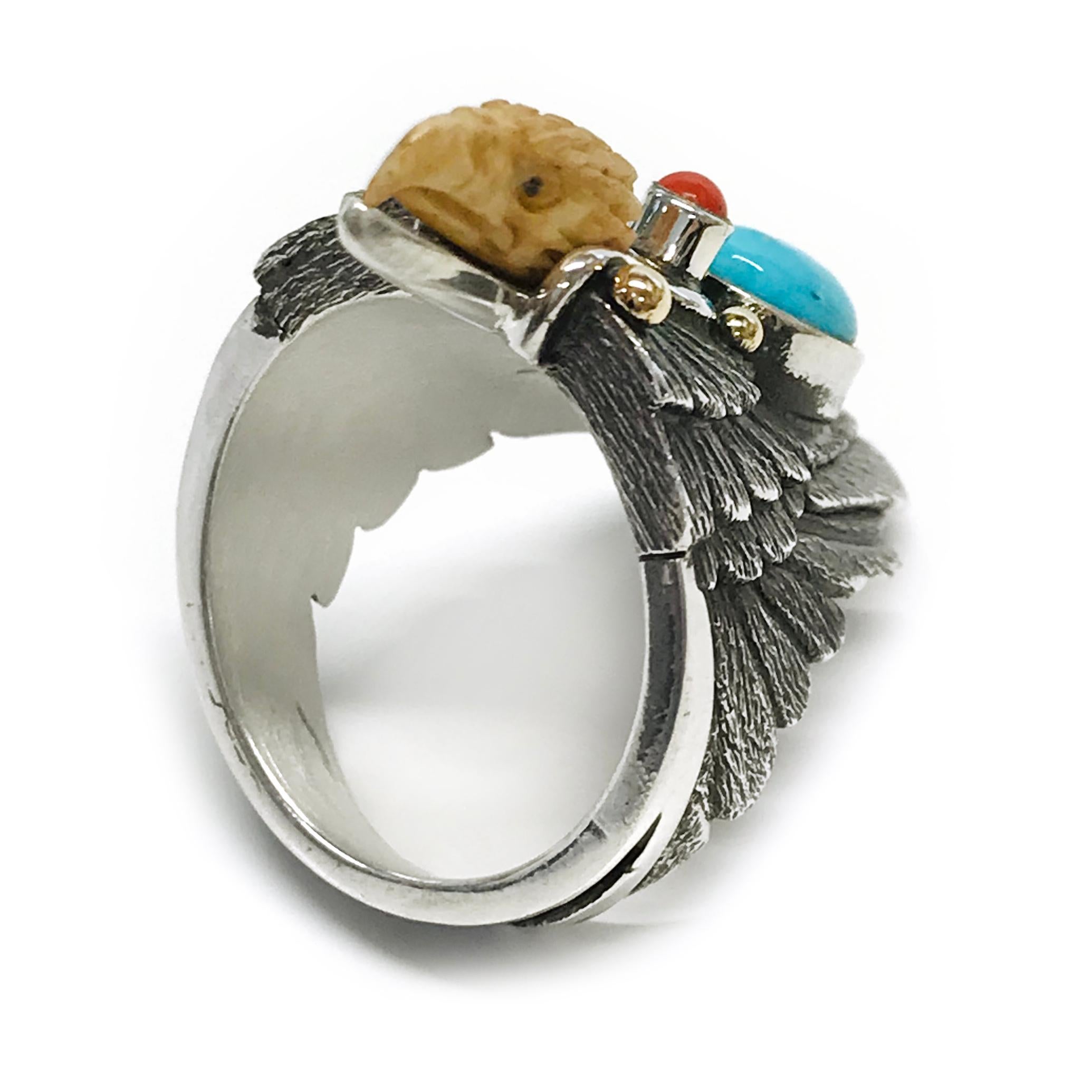 Native American Sterling Silver 14 Karat Kingman Turquoise Coral Eagle Ring II