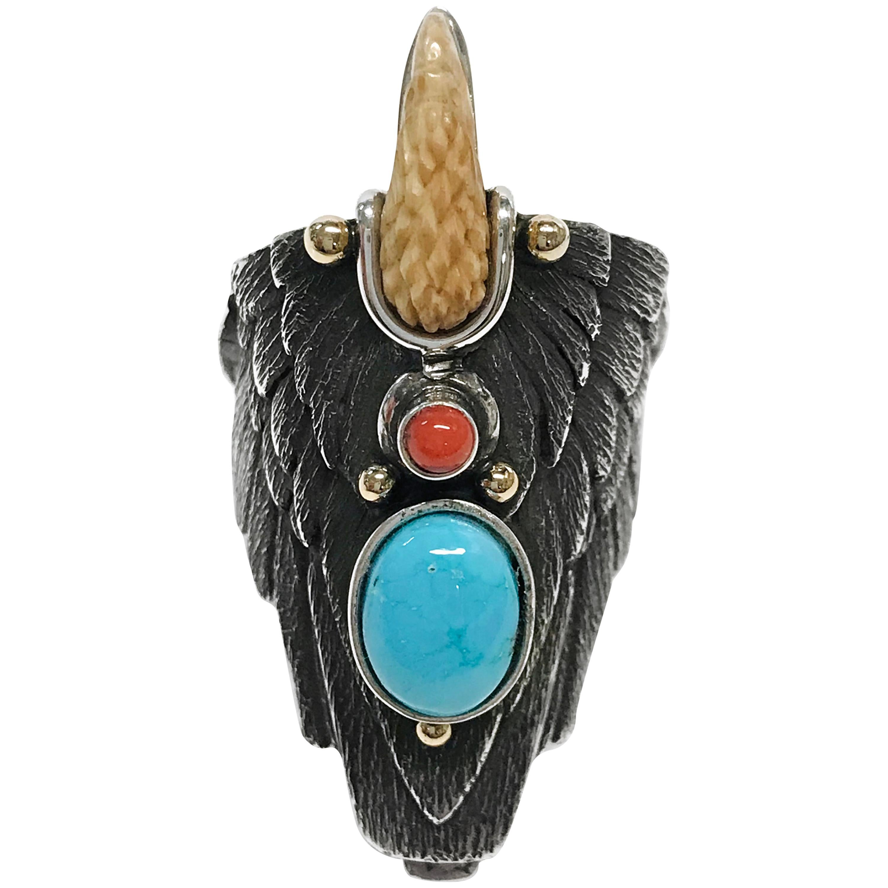 Sterling Silver 14 Karat Kingman Turquoise Coral Eagle Ring II
