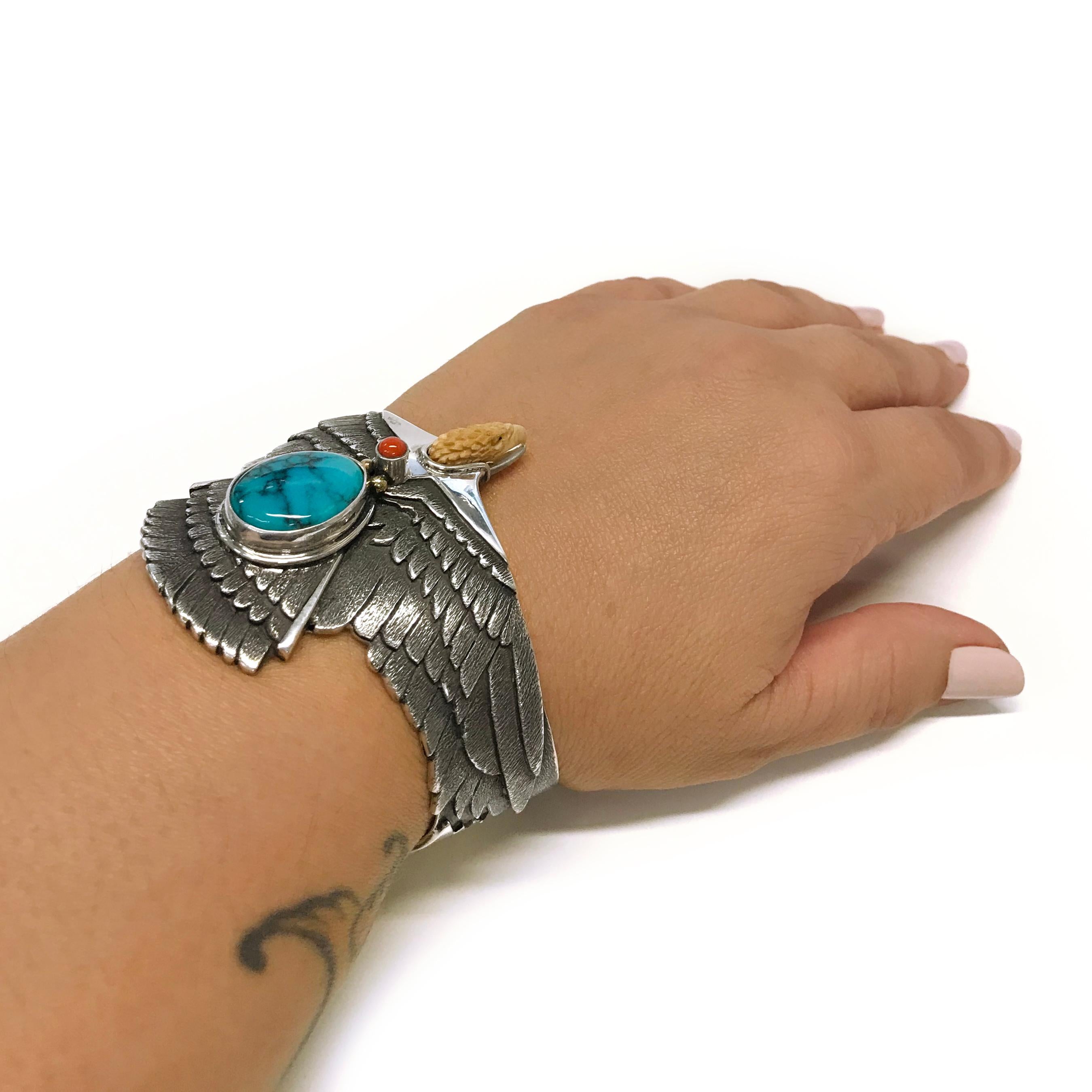 Women's or Men's Sterling Silver 14 Karat Kingman Turquoise Eagle Cuff Bracelet