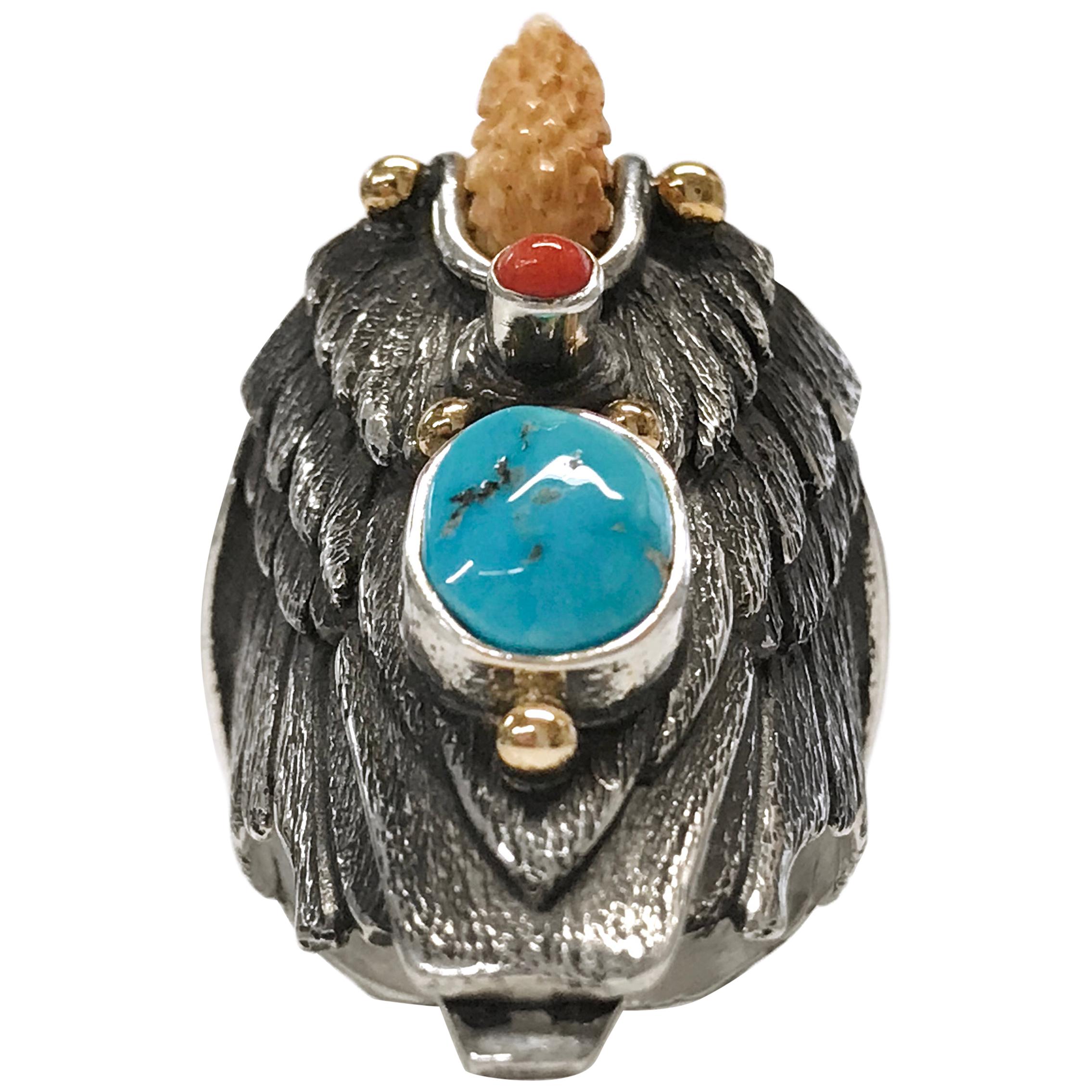 Sterling Silver 14 Karat Sleeping Beauty Turquoise Coral Eagle Ring