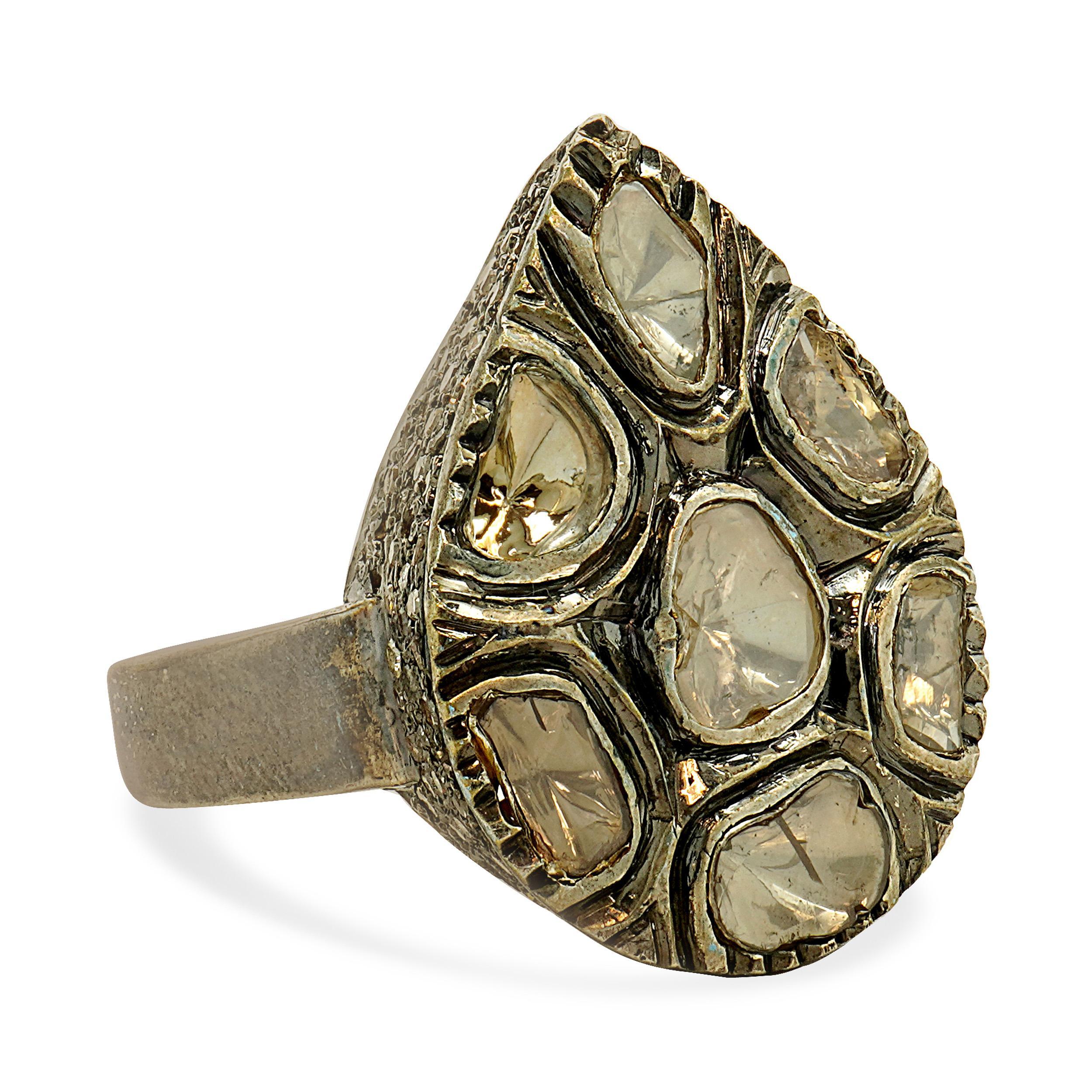 Mixed Cut Sterling Silver & 14 Karat Sliced Diamond Cocktail Ring For Sale