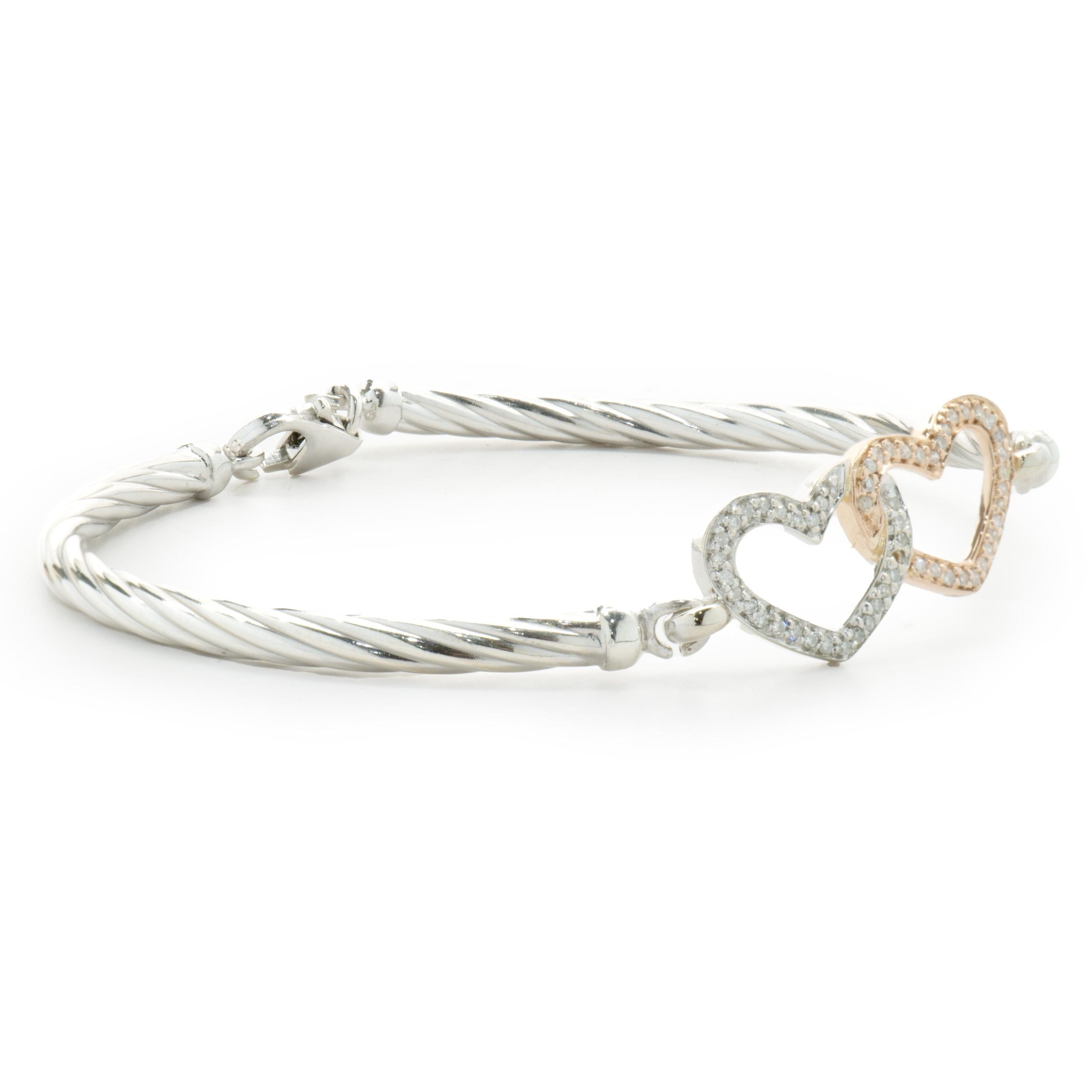 Single Cut Sterling Silver & 14 Karat White & Rose Gold Diamond Heart Bangle Bracelet For Sale