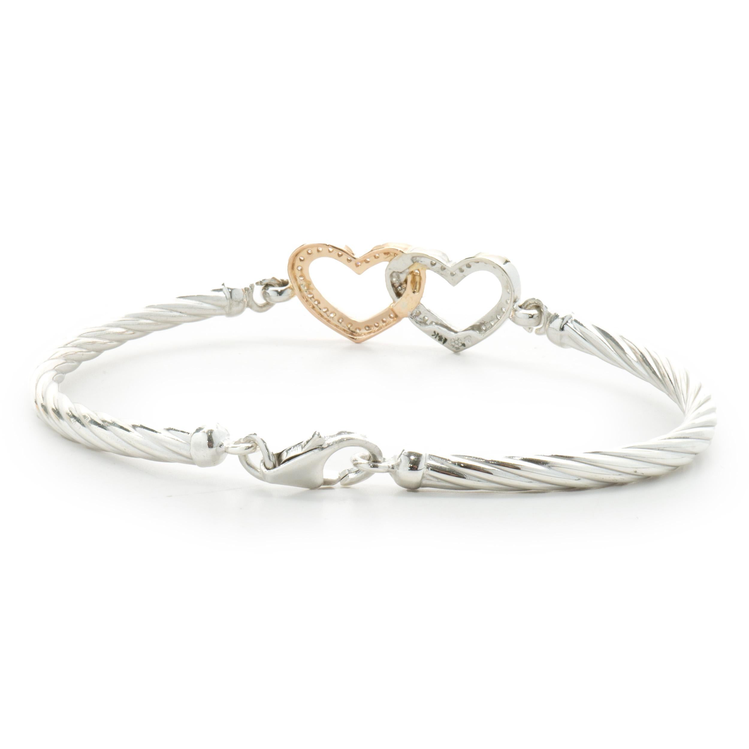 Sterling Silver & 14 Karat White & Rose Gold Diamond Heart Bangle Bracelet In Excellent Condition For Sale In Scottsdale, AZ