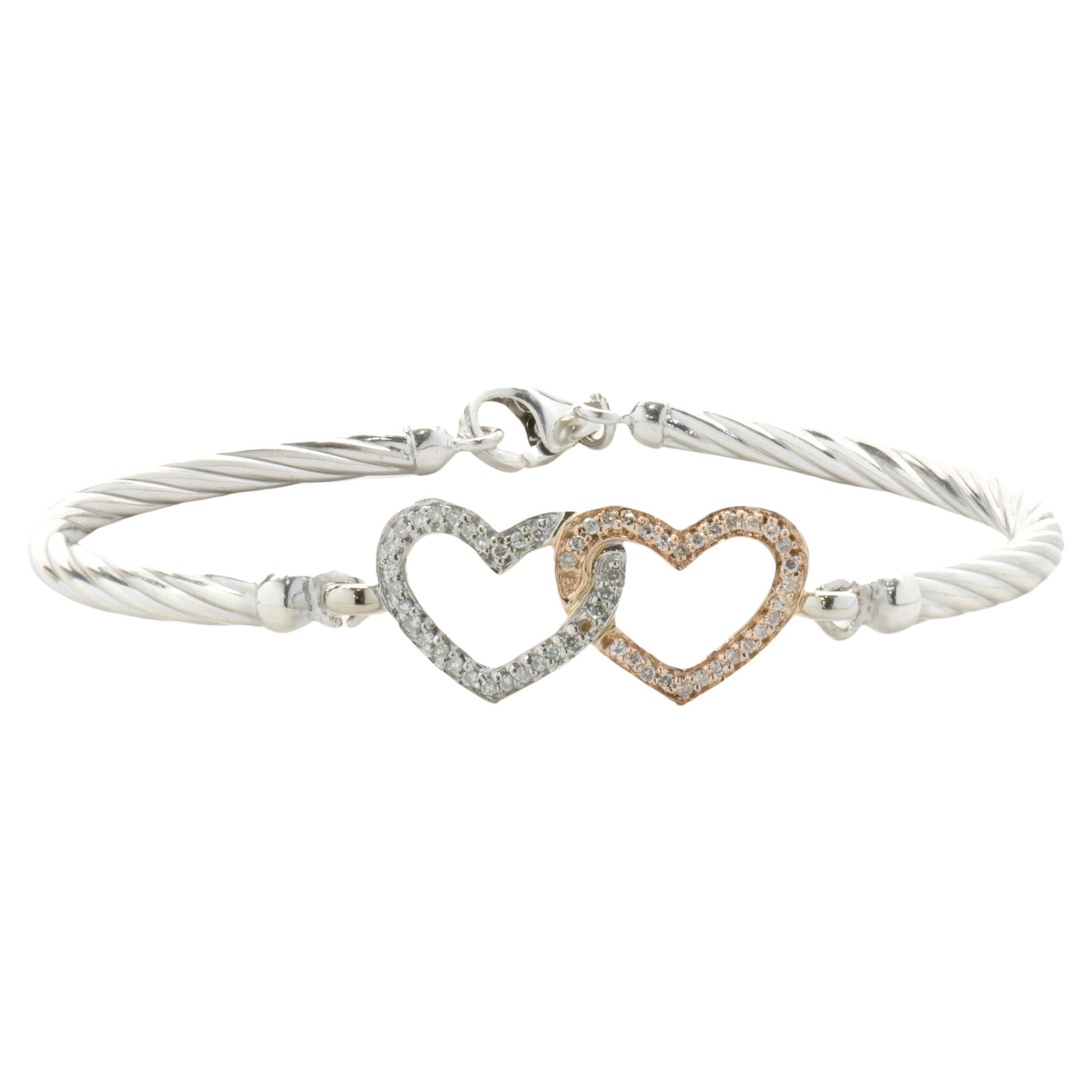 Sterling Silver & 14 Karat White & Rose Gold Diamond Heart Bangle Bracelet For Sale