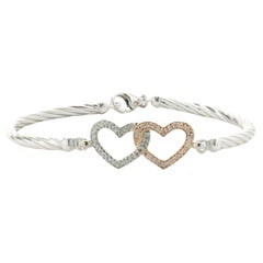 Sterling Silver & 14 Karat White & Rose Gold Diamond Heart Bangle Bracelet