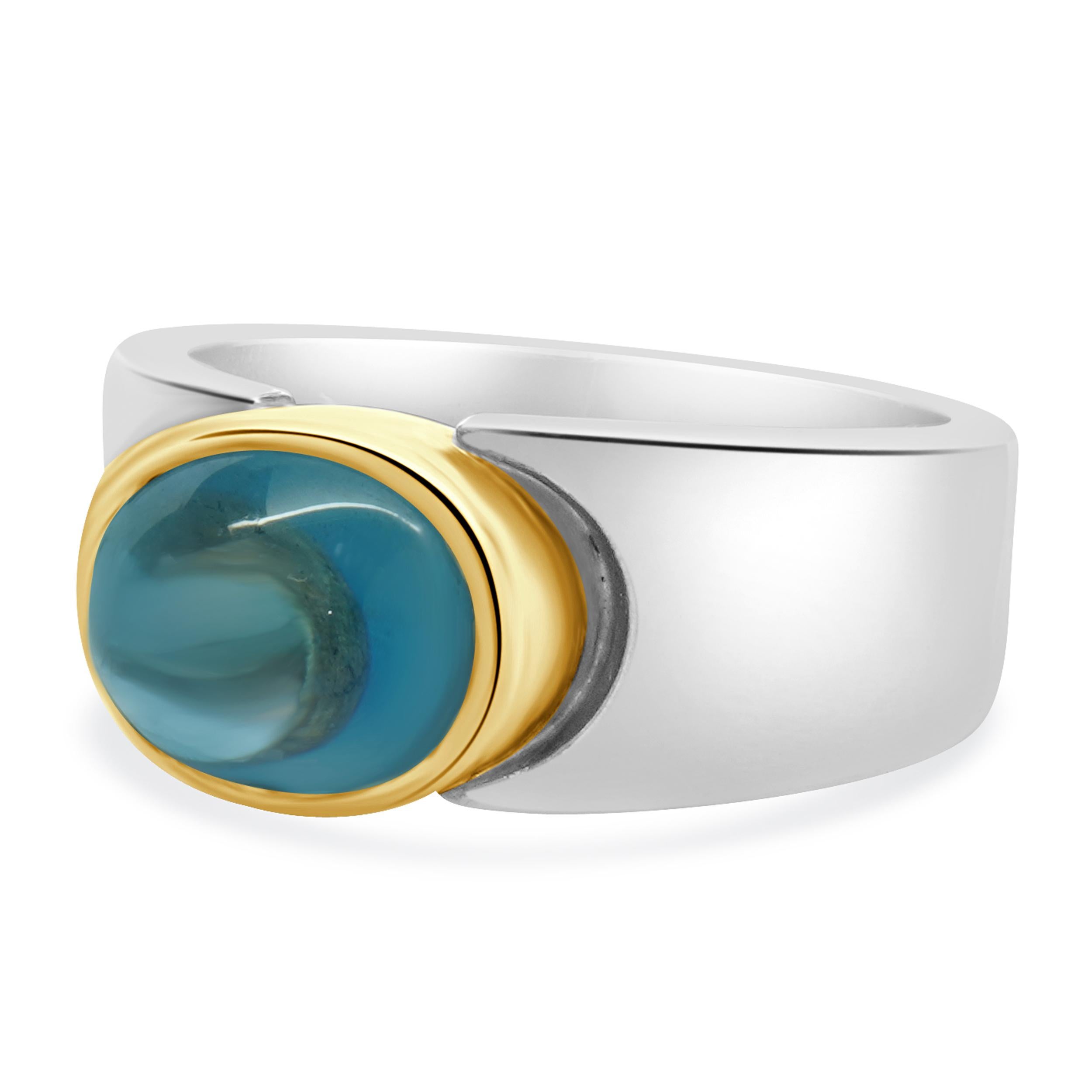 Cabochon Sterling Silver & 14 Karat Yellow Gold Bezel Set Blue Topaz Ring