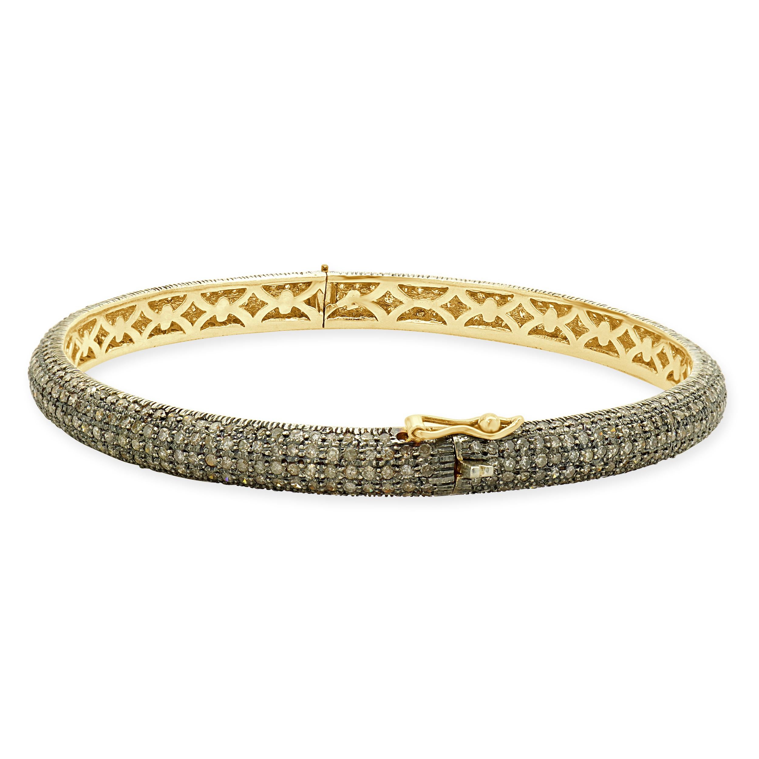 Brilliant Cut Sterling Silver & 14 Karat Yellow Gold Pave Diamond Bangle Bracelet For Sale