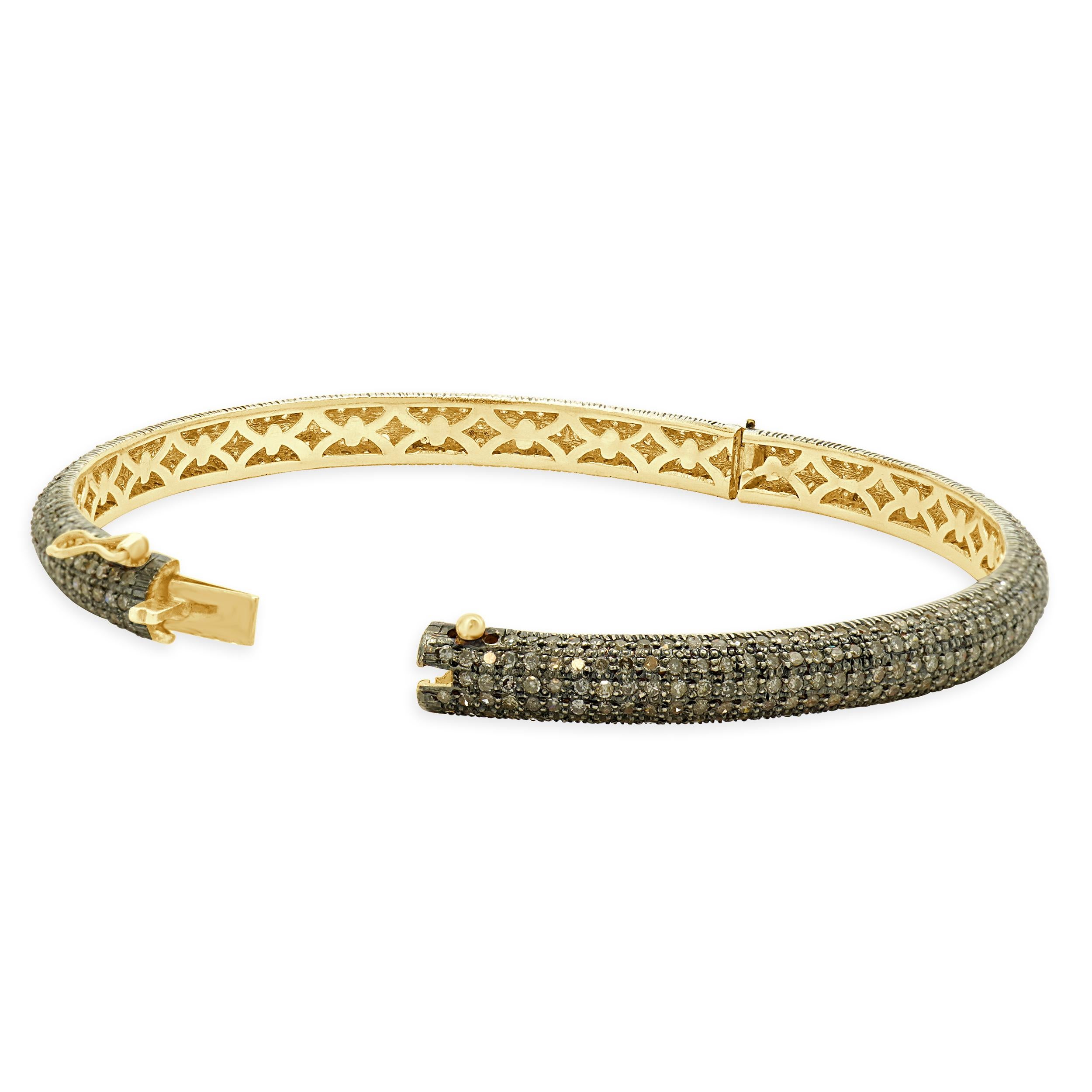 Sterling Silver & 14 Karat Yellow Gold Pave Diamond Bangle Bracelet In Excellent Condition For Sale In Scottsdale, AZ