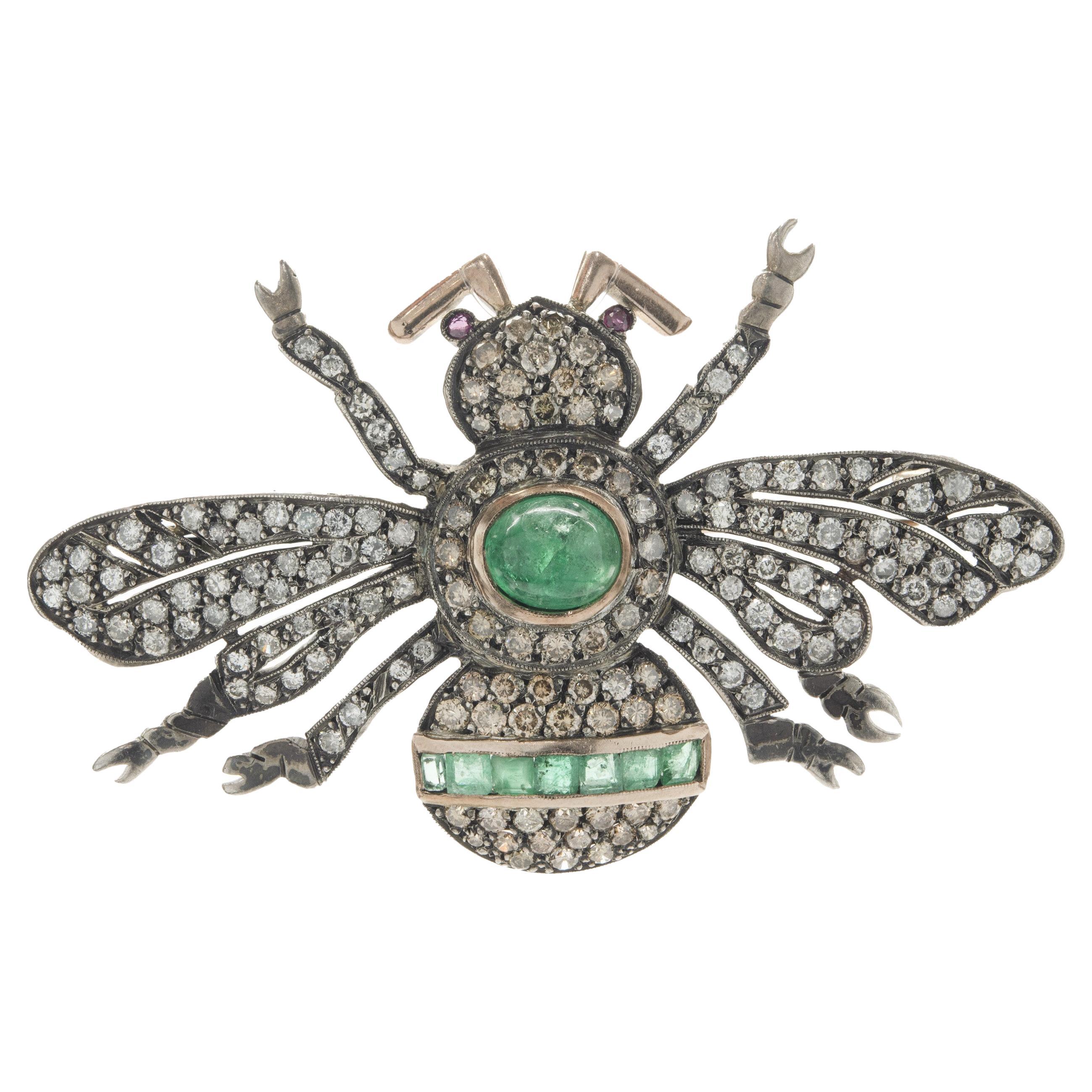 Sterling Silver & 14 Karat Yellow Gold Vintage Diamond and Emerald Bee Pin