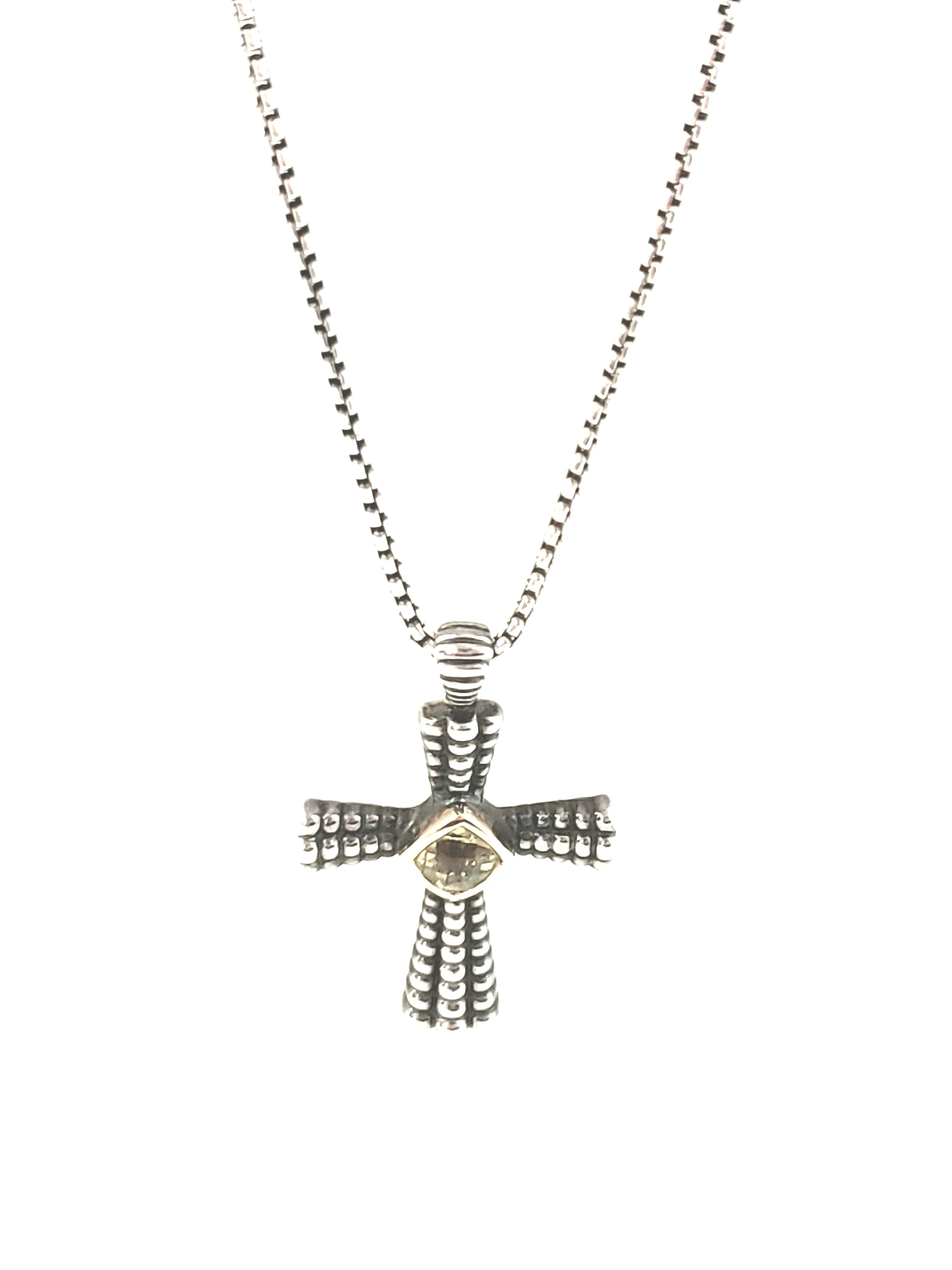 Uncut Sterling Silver 14K Citrine Oxidized Cross Pendant Necklace For Sale