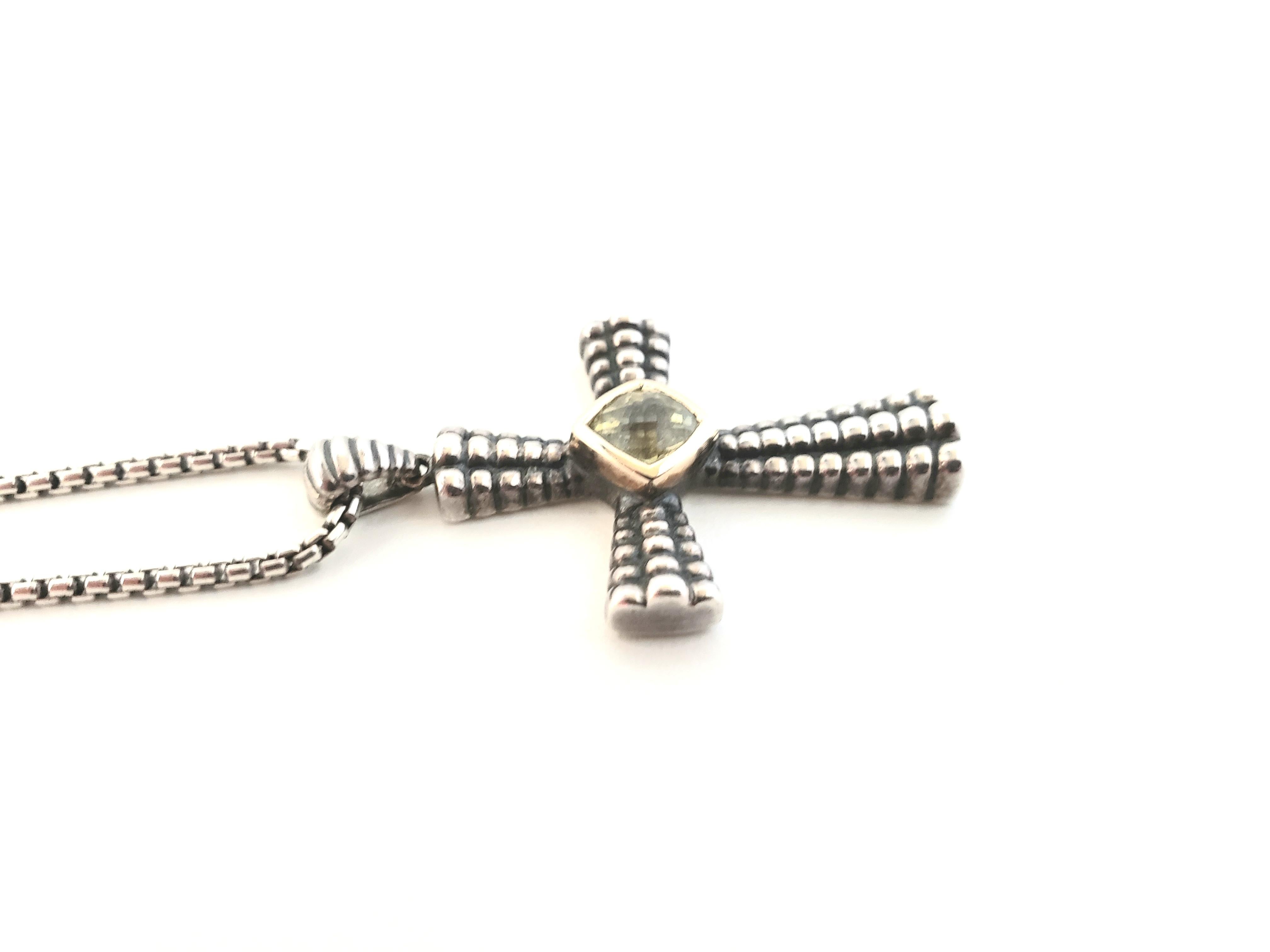 Sterling Silver 14K Citrine Oxidized Cross Pendant Necklace In Good Condition For Sale In Washington Depot, CT