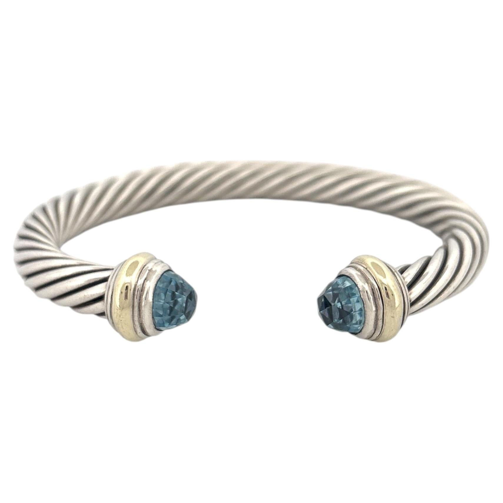 Sterling Silver & 14K David Yurman Cable Cuff Bracelet with Blue Topaz For Sale