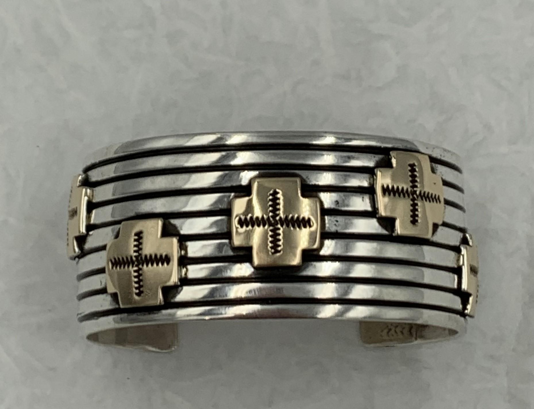 Native American Sterling Silver & 14k Gold Crosses Cuff by Albert Jake For Sale