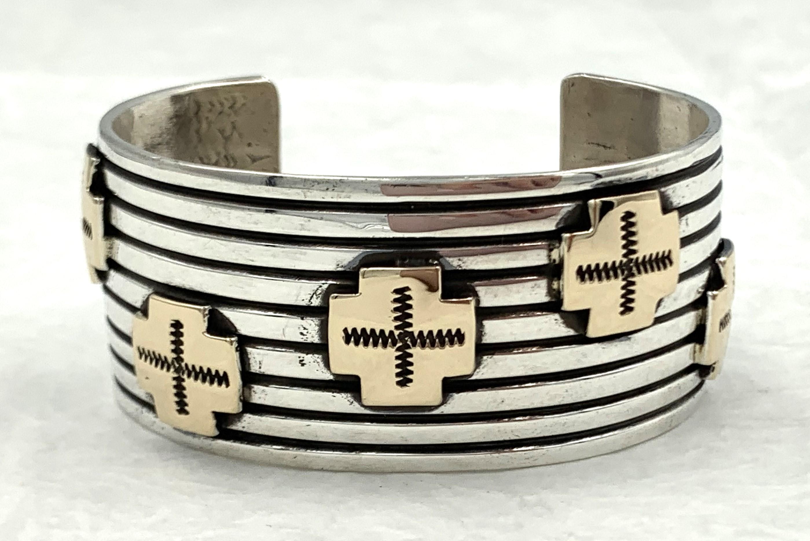 Sterling Silver & 14k Gold Crosses Cuff by Albert Jake For Sale 1