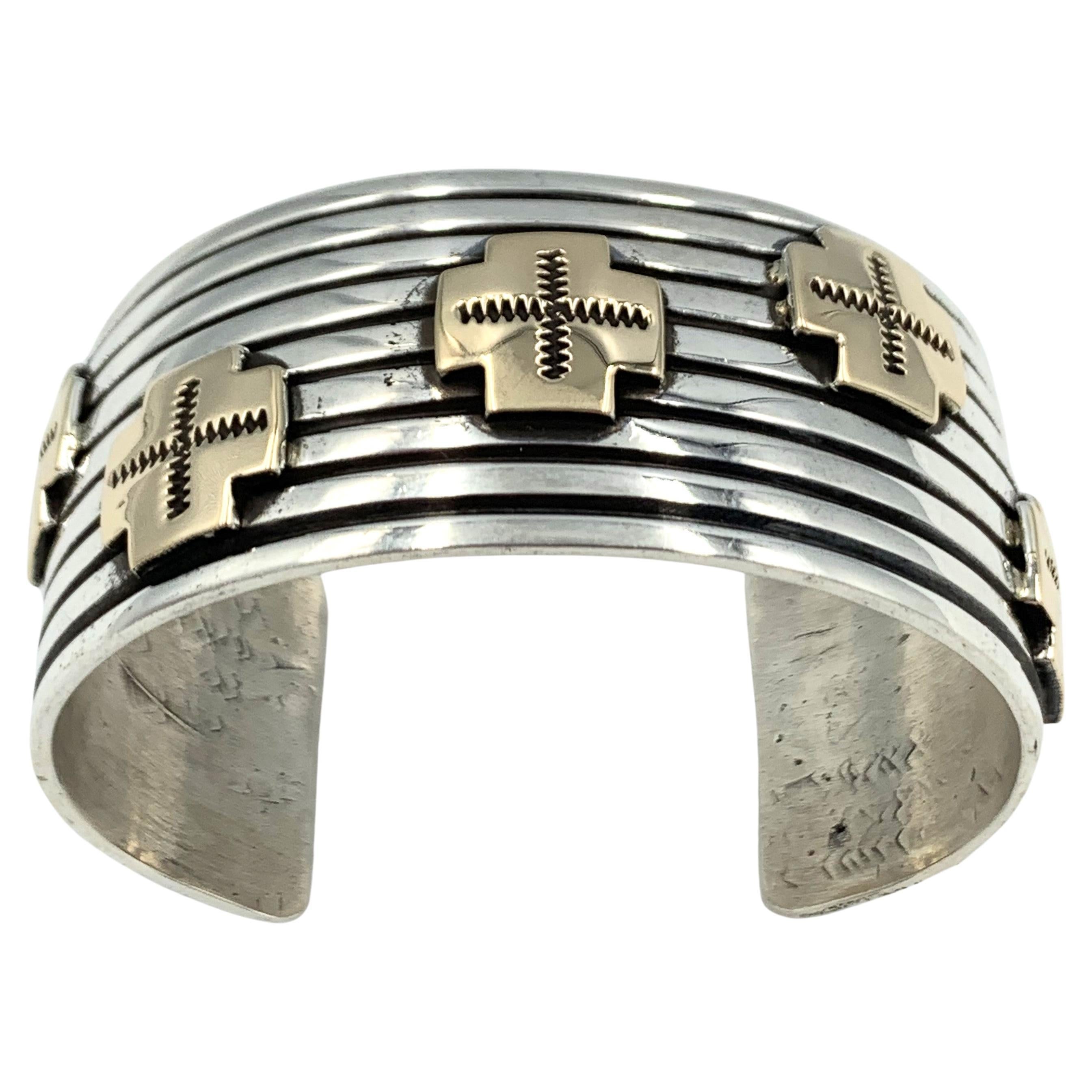 Sterling Silver & 14k Gold Crosses Cuff by Albert Jake For Sale