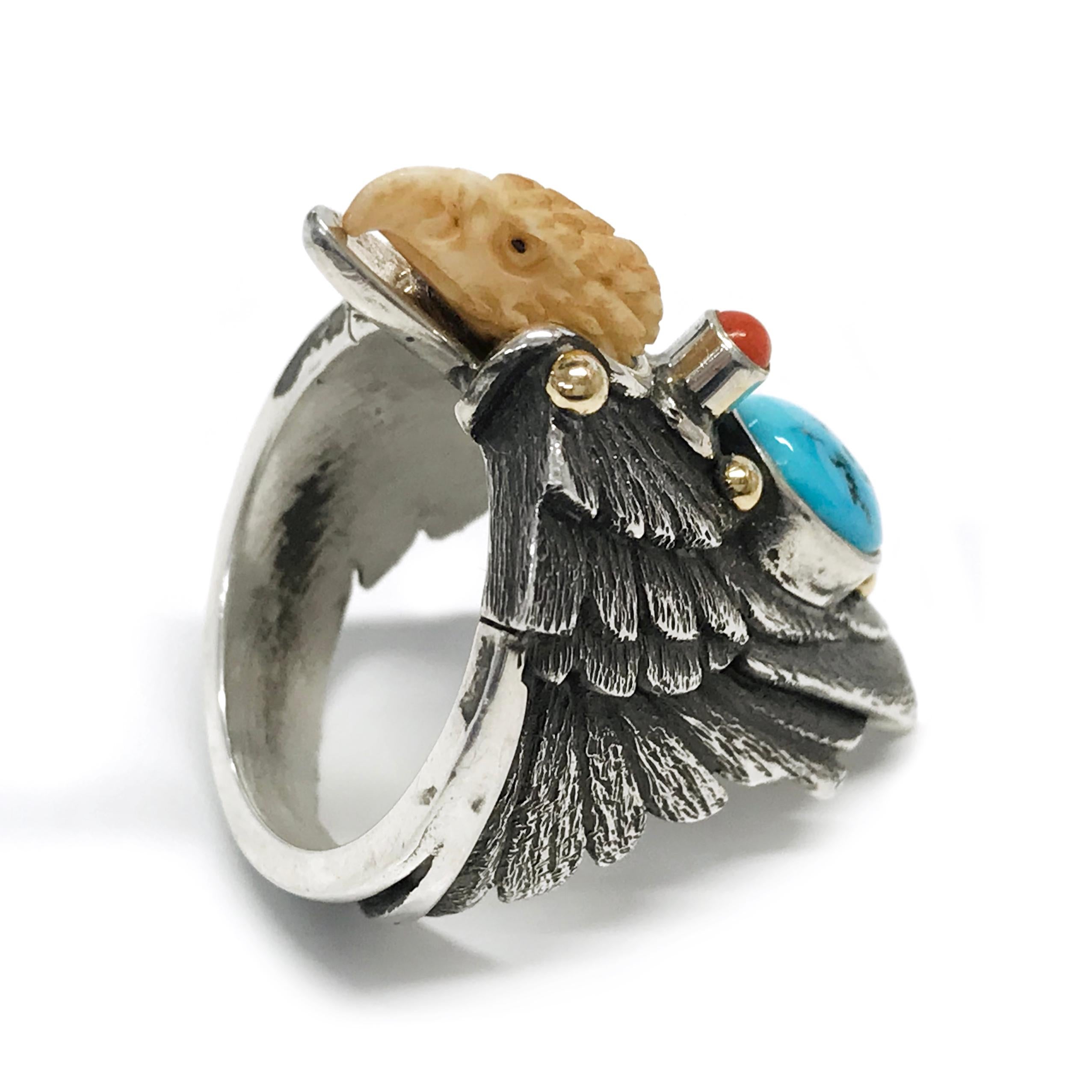 Native American Sterling Silver 14 Karat Sleeping Beauty Turquoise Coral Eagle Ring
