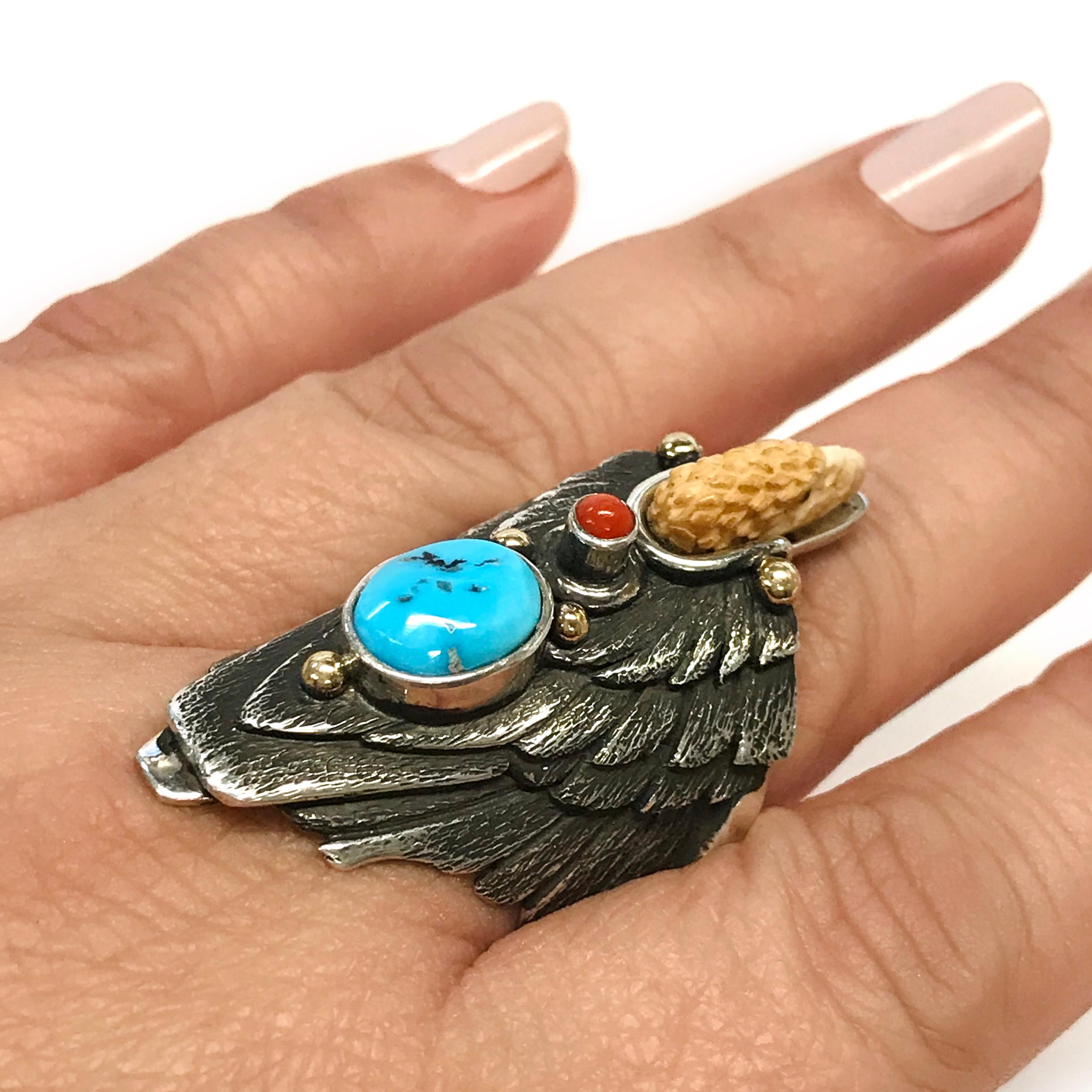 Sterling Silver 14 Karat Sleeping Beauty Turquoise Coral Eagle Ring In New Condition In Palm Desert, CA