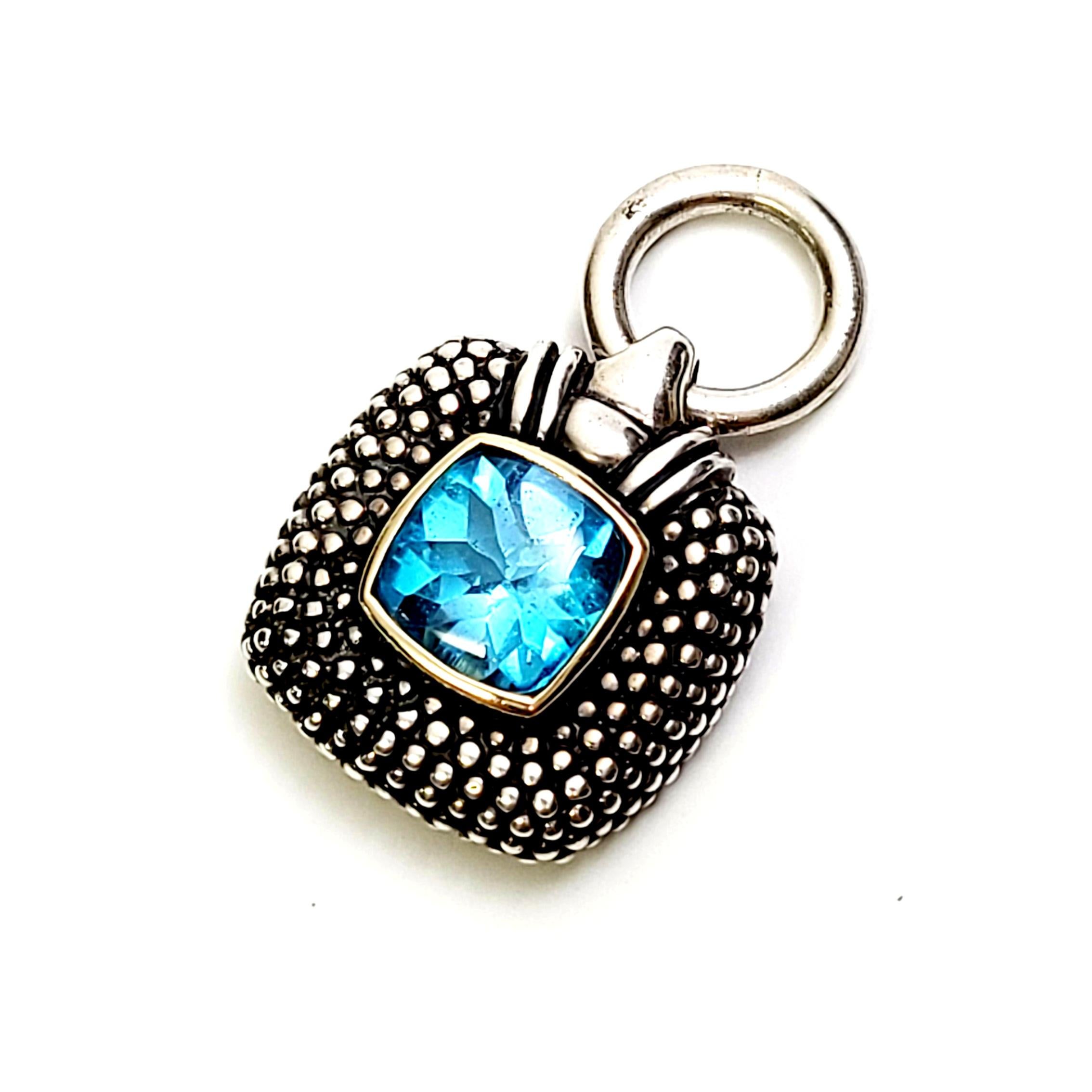 Sterling Silver 14K Yellow Gold Blue Topaz Caviar Pendant In Good Condition For Sale In Washington Depot, CT