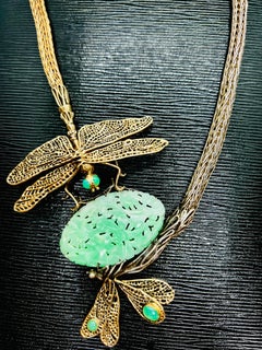 Sterling Silver 14K Yellow Gold & Jade Dragonfly Necklace 19 inch