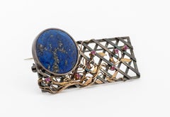 Sterling Silver 14K Yellow Gold Lapis Ruby Brooch