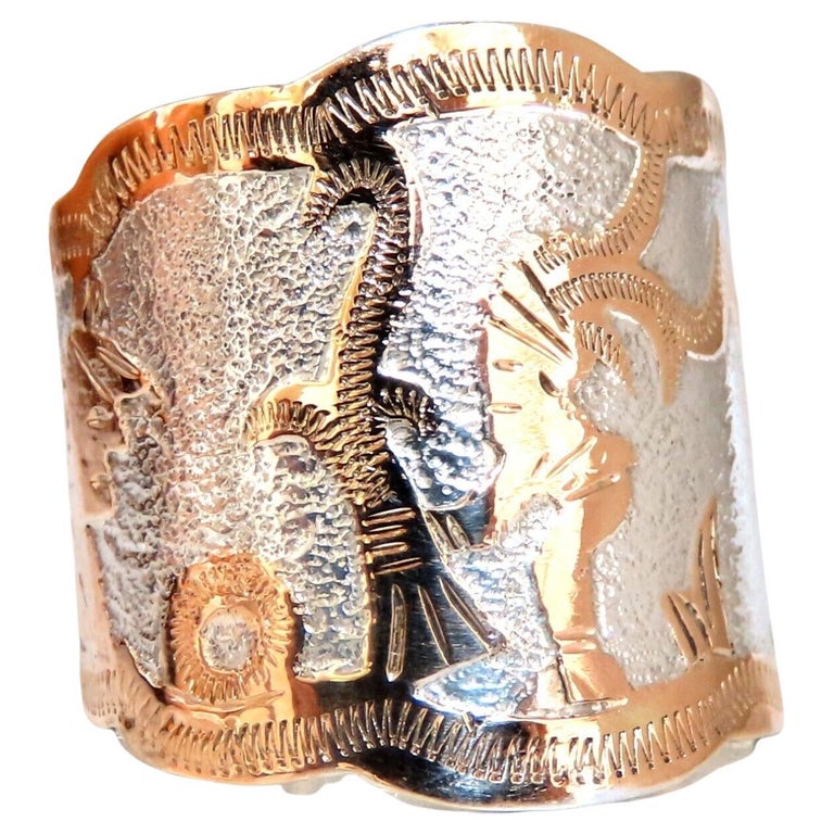 Sterling silver 14kt tribal wide band ring ethnic deco For Sale at 1stDibs