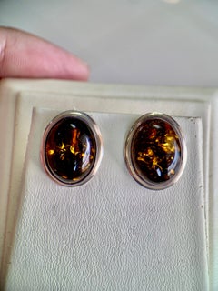Boucles d'oreilles à clous en argent sterling avec cabochon d'ambre de 15 x 12 mm et monture