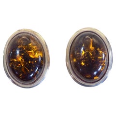 Boucles d'oreilles à clous en argent sterling avec cabochon d'ambre de 15 x 12 mm et monture