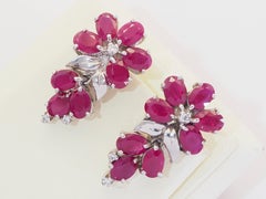 Sterling Silver 17.30ct Oval Purplish Red Ruby & White Quartz Floral Earrings