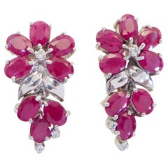 Sterling Silver 17.30ct Oval Purplish Red Ruby & White Quartz Floral Earrings