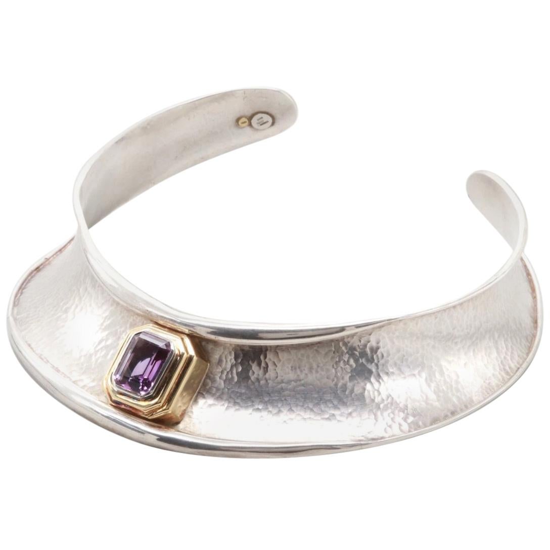Sterling Silver 18 K Gold 9.5 CT Emerald Cut Amethyst Collar For Sale