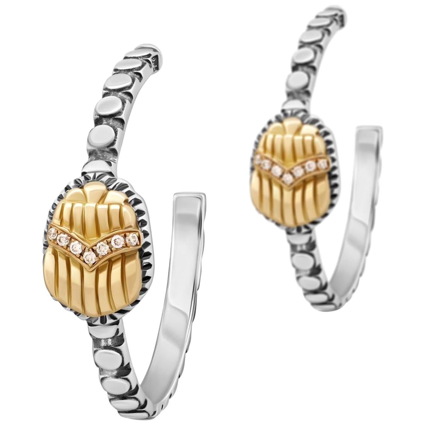 Sterling Silver, 18 Karat Gold and Diamond Egyptomania Scarab Hoop Earrings For Sale