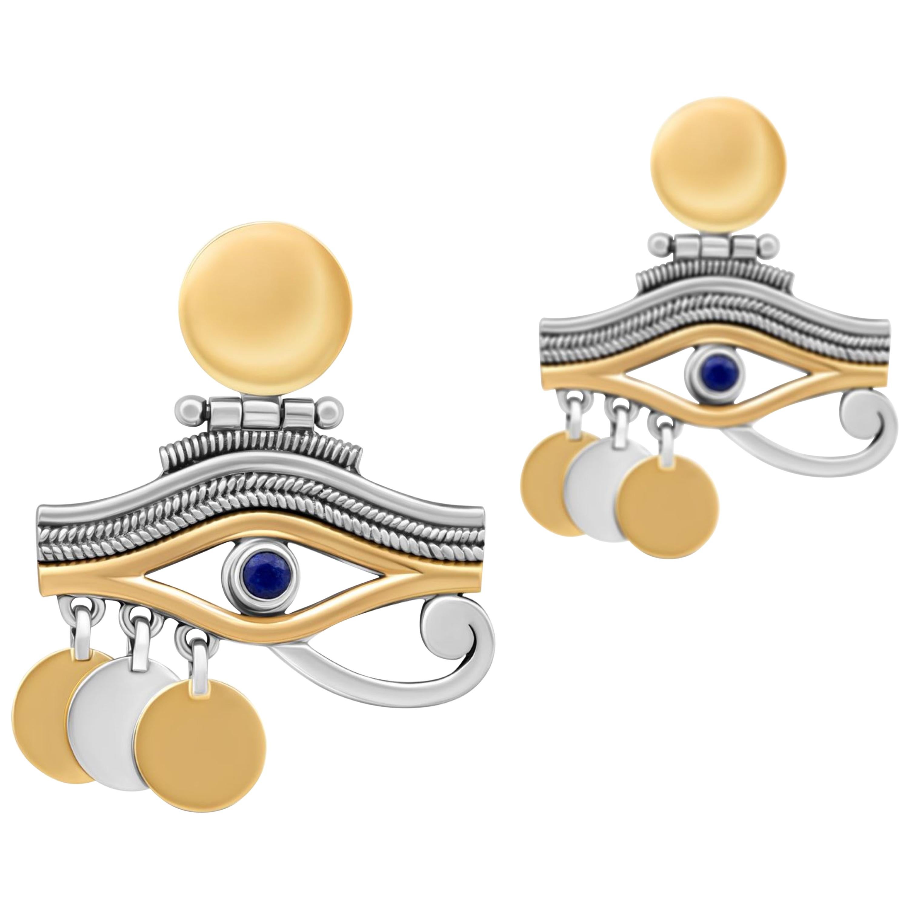 Sterling Silver, 18 Karat Gold and Semi-Precious Stone Eye of Horus Earrings