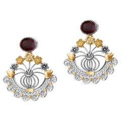 Sterling Silver, 18 Karat Gold and Tourmaline Floral Bouquet Earrings