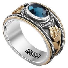Sterling Silver, 18 Karat Gold, London Blue Topaz and Diamond Laila Mourad Ring