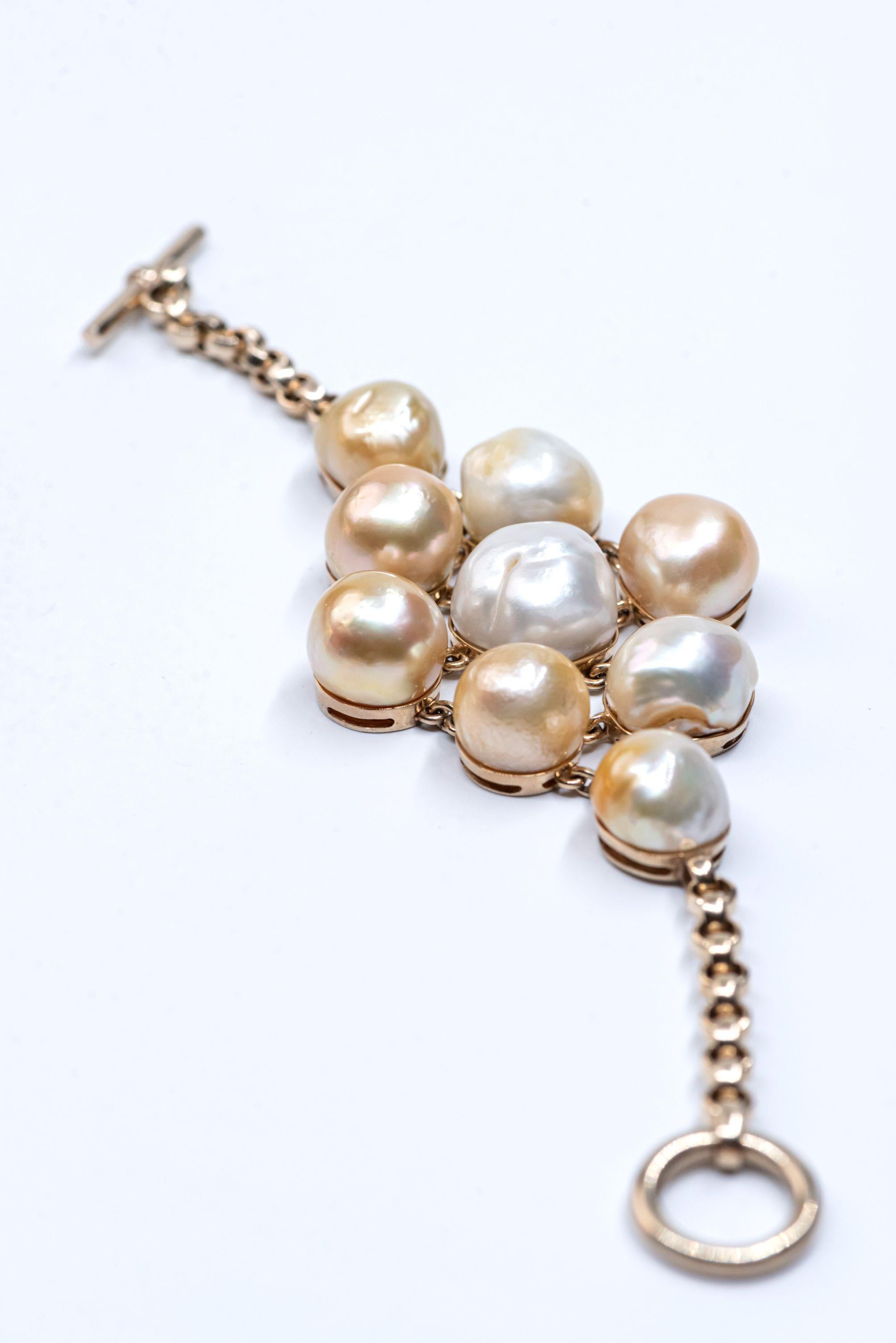 Sterling Silver 18 Karat Gold Plated Cream Baroque South Sea Pearl Link Bracelet For Sale 4