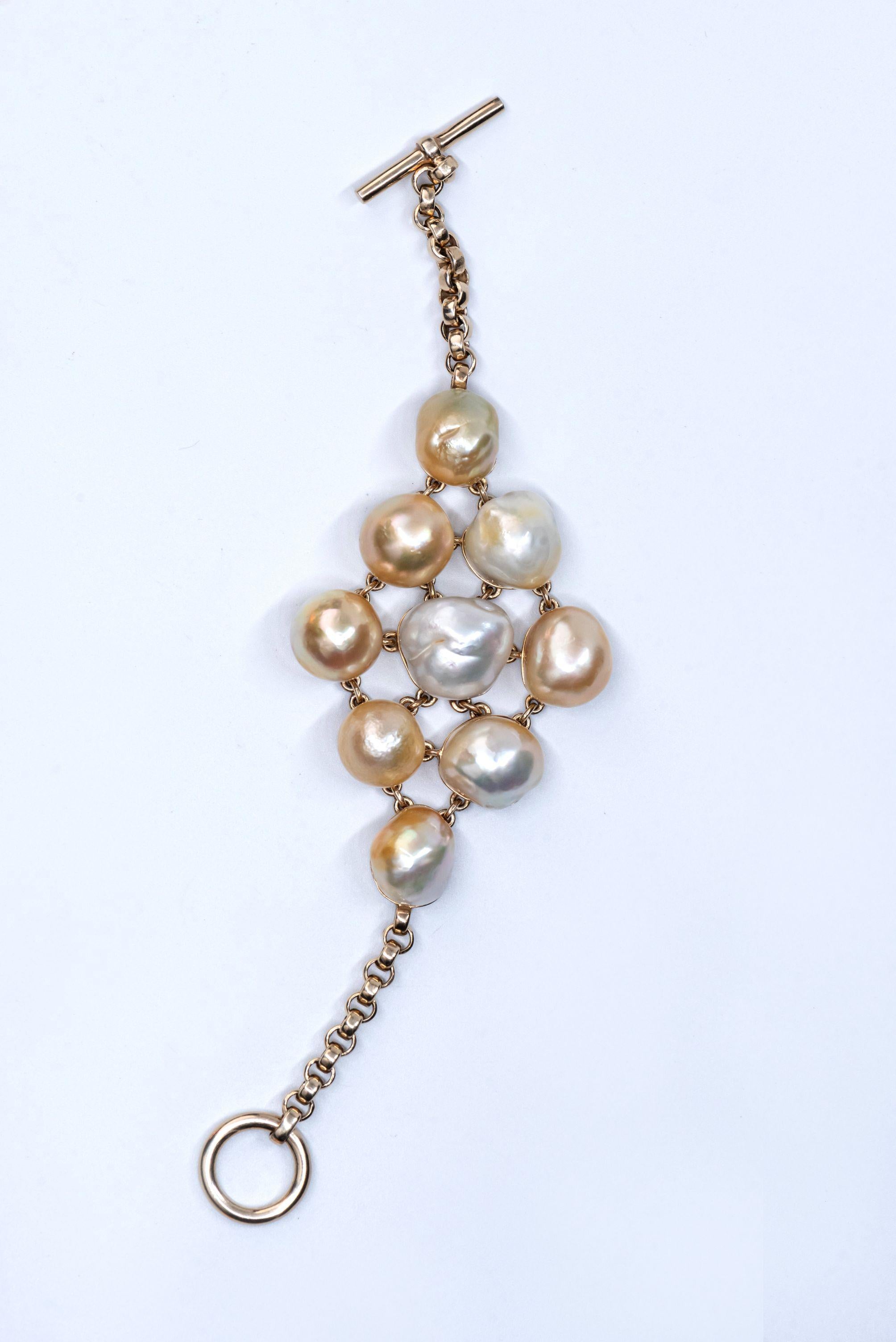 Sterling Silver 18 Karat Gold Plated Cream Baroque South Sea Pearl Link Bracelet For Sale 5