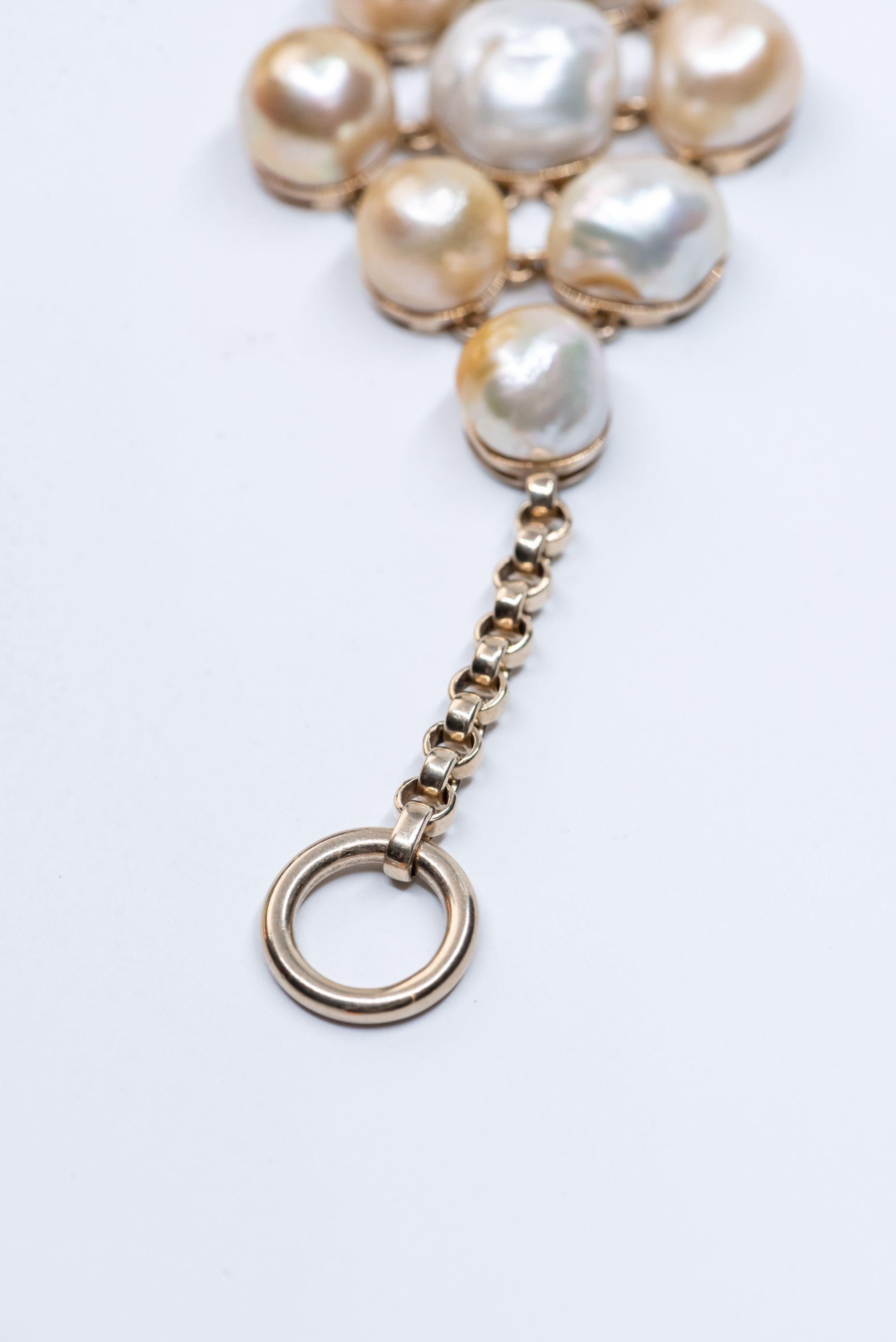 Sterling Silver 18 Karat Gold Plated Cream Baroque South Sea Pearl Link Bracelet For Sale 6