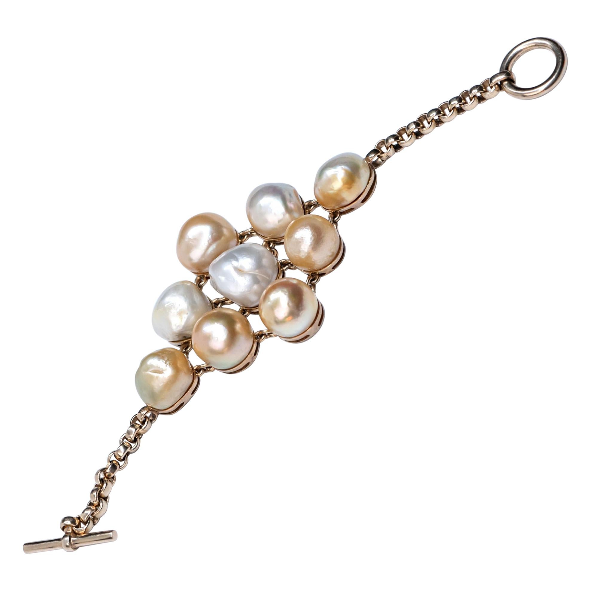 Sterling Silver 18 Karat Gold Plated Cream Baroque South Sea Pearl Link Bracelet For Sale