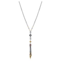 Sterling Silver, 18 Karat Gold, Ruby, Pearl and Diamond Art Deco Tassel Necklace
