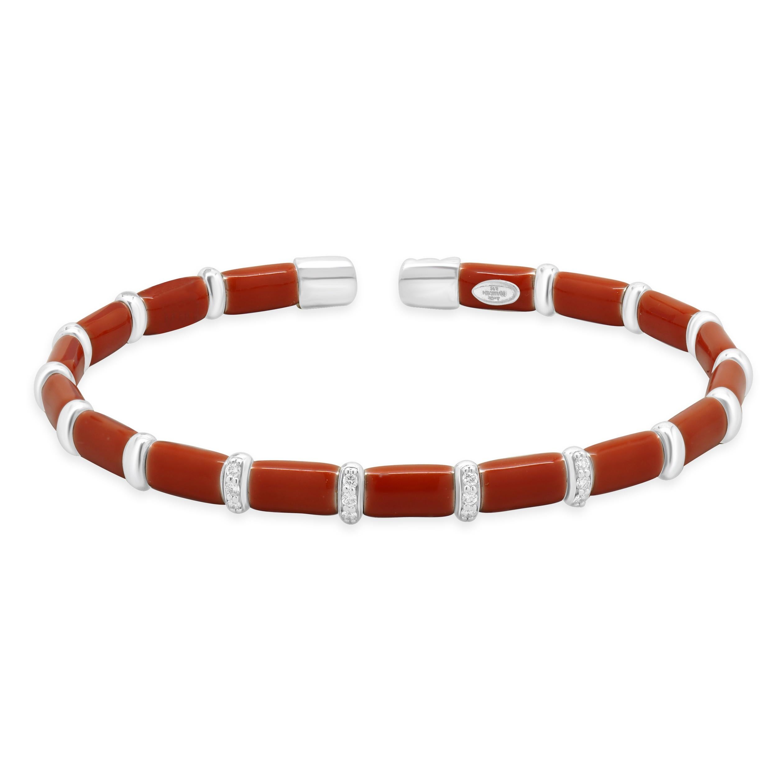 Bracciale in argento sterling e oro bianco 18 carati con smalto corallino