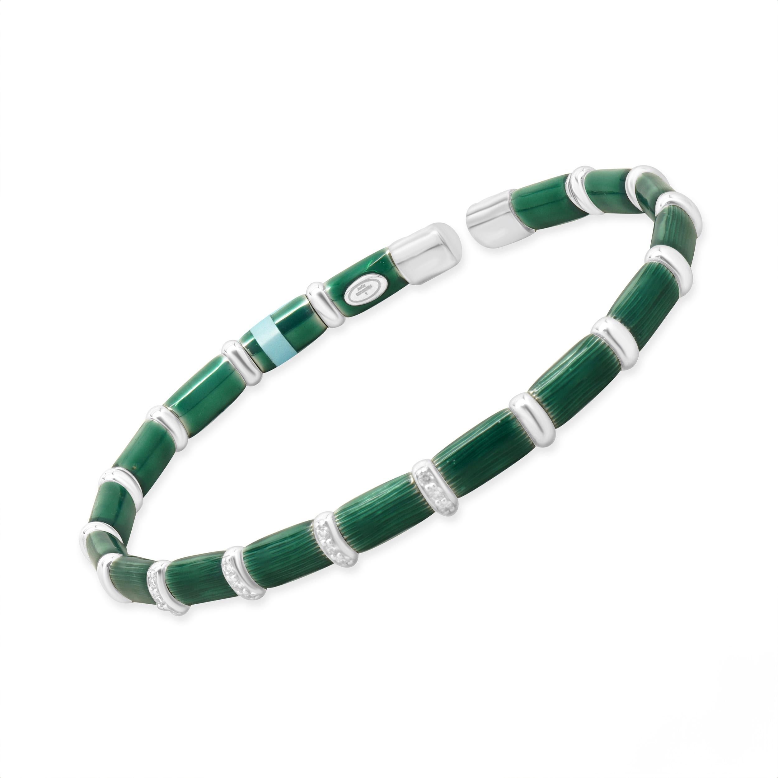 Women's Sterling Silver & 18 Karat White Gold Green Enamel Bangle Bracelet For Sale