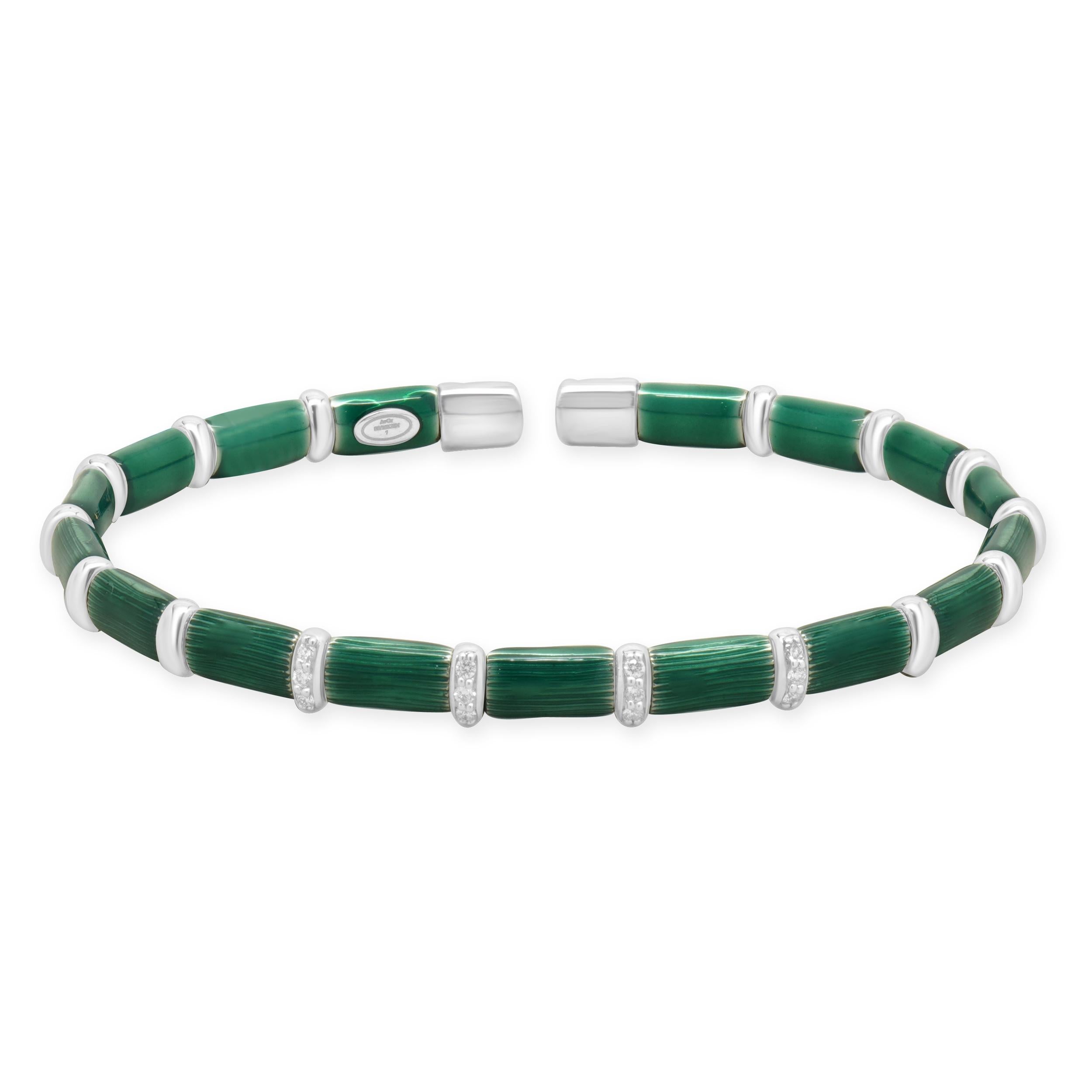 Sterling Silver & 18 Karat White Gold Green Enamel Bangle Bracelet For Sale